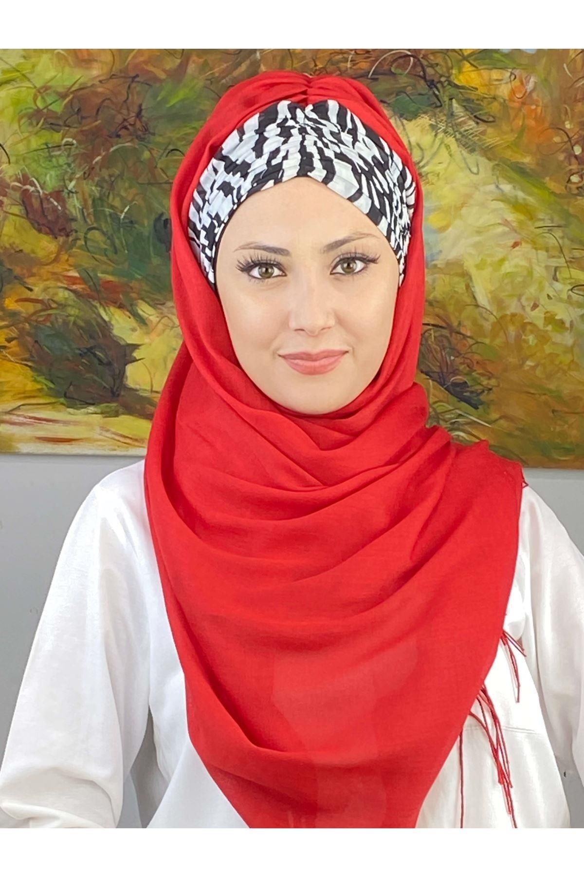 Zebra Desenli Kırmızı Büzgülü Hazır Şal