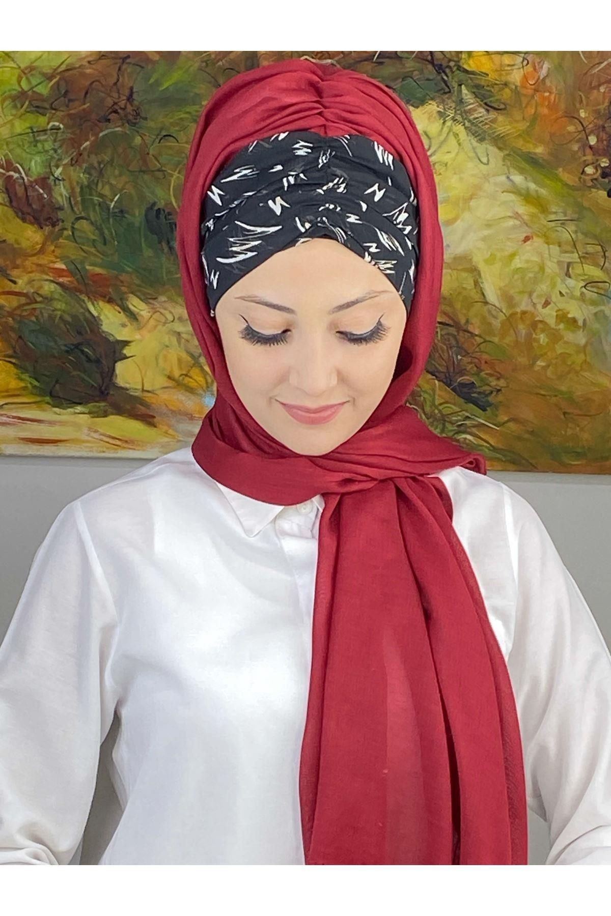 Siyah Beyaz Desenli Bordo Büzgülü Hazır Şal