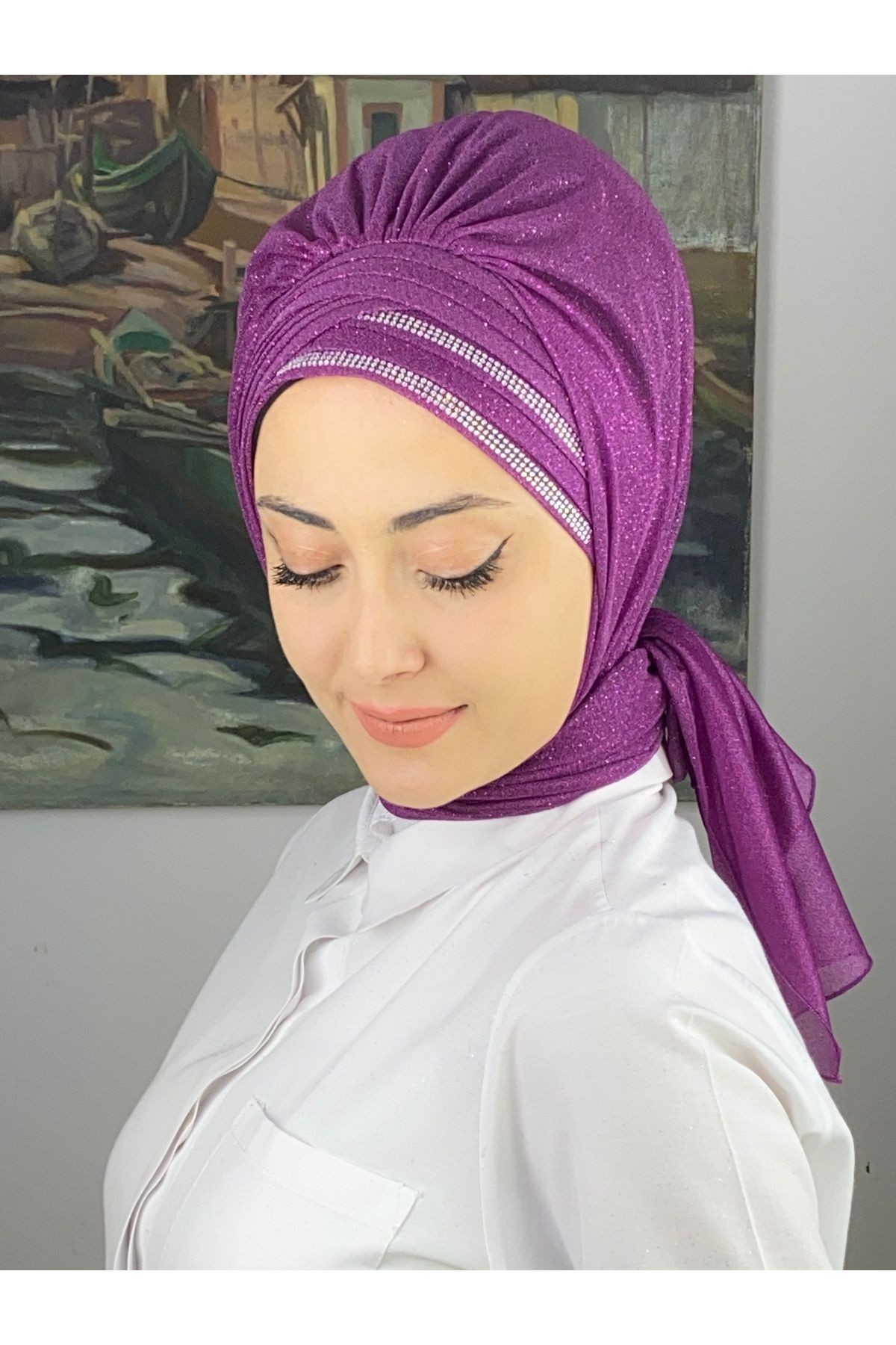 Gümüş Taşlı Drape Detaylı Simli Şal