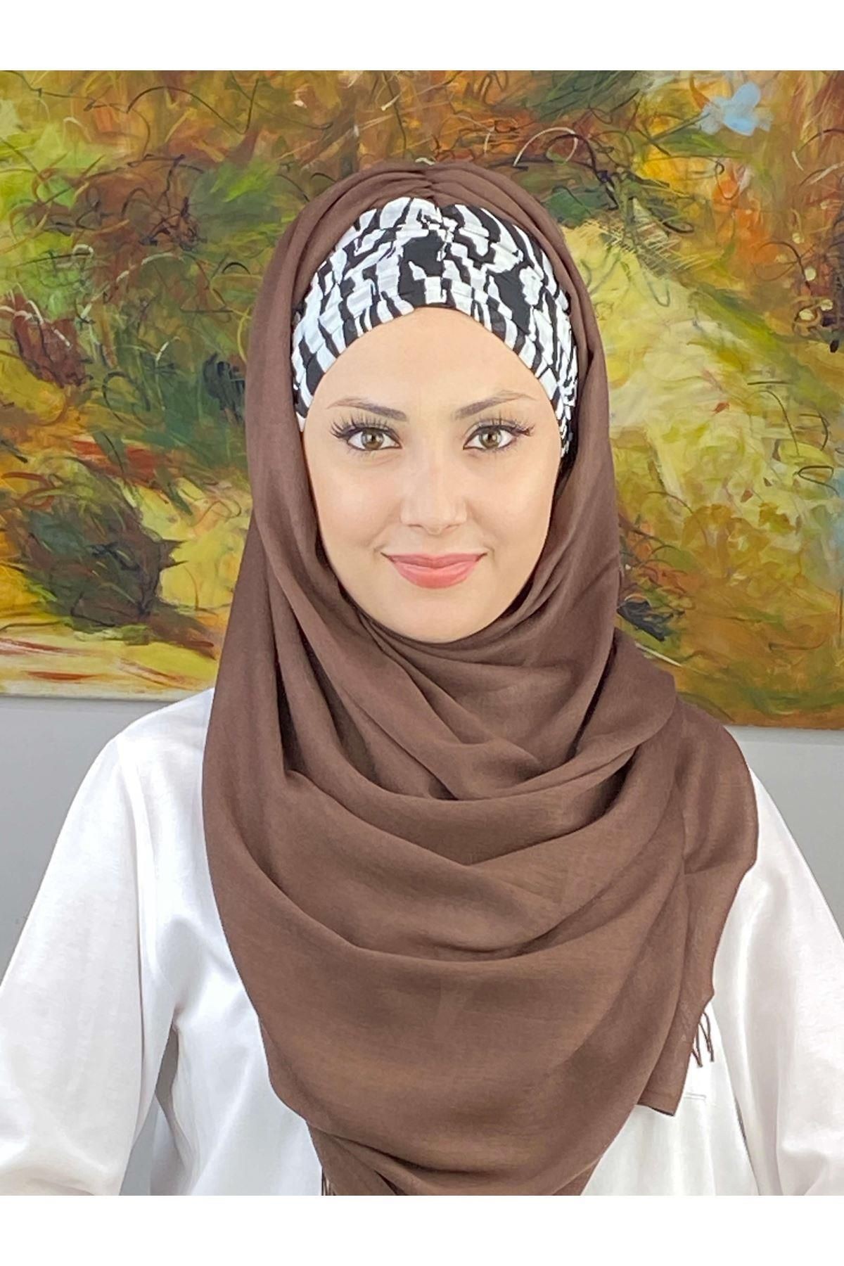 Zebra Desenli Sepya Büzgülü Hazır Şal