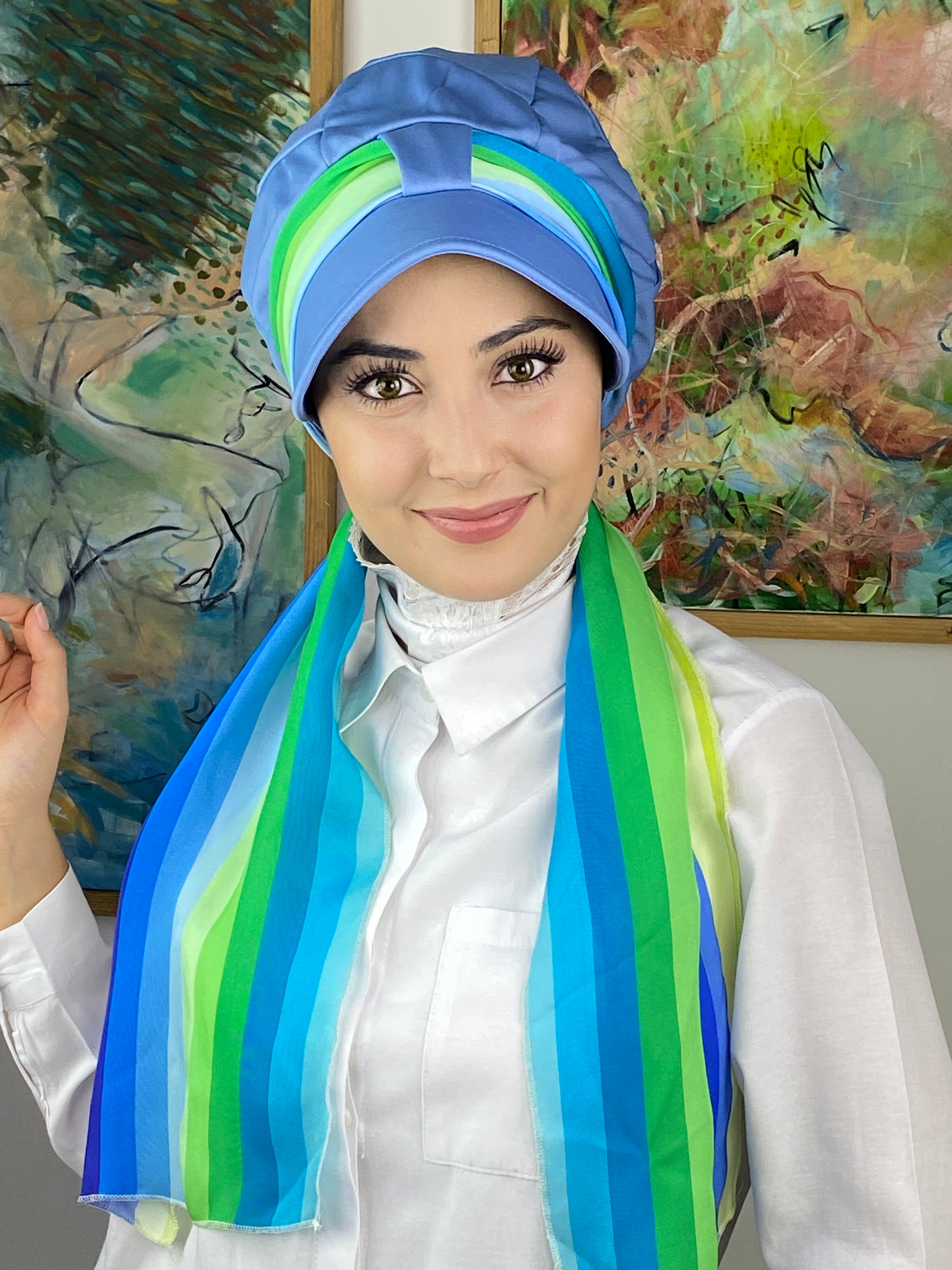Tek Biritli Fularlı Şapka - mavi -çarkıfelek