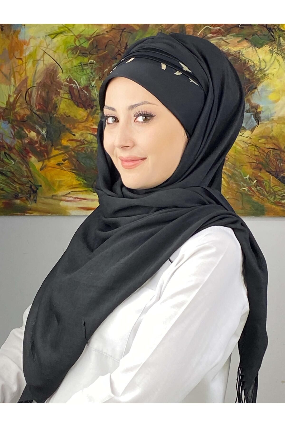 Saray Model Yan Drapeli Siyah Şeritli Desen Hazır Şal