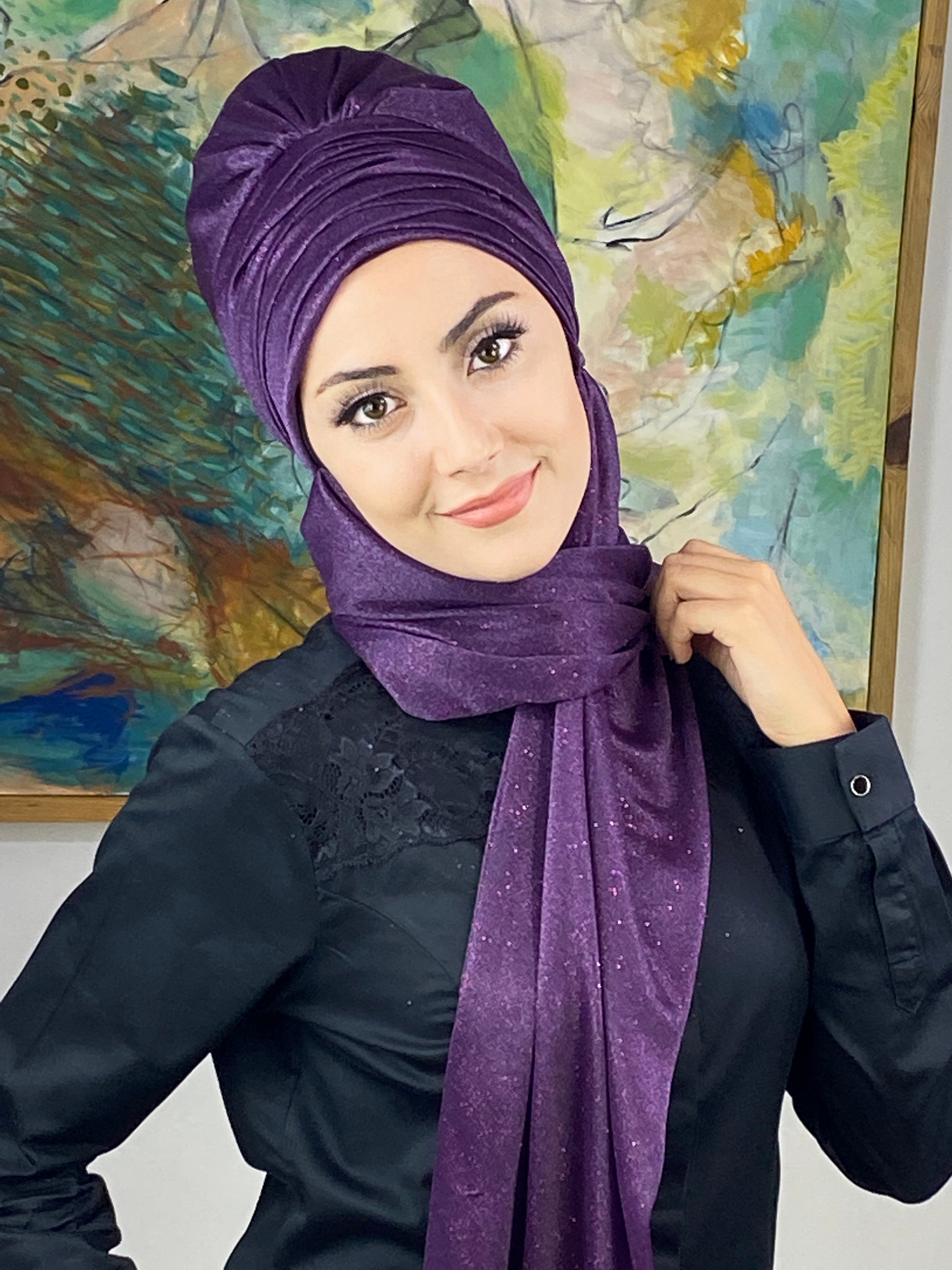 Simli Mor Atkılı Abiye Tesettür Bone