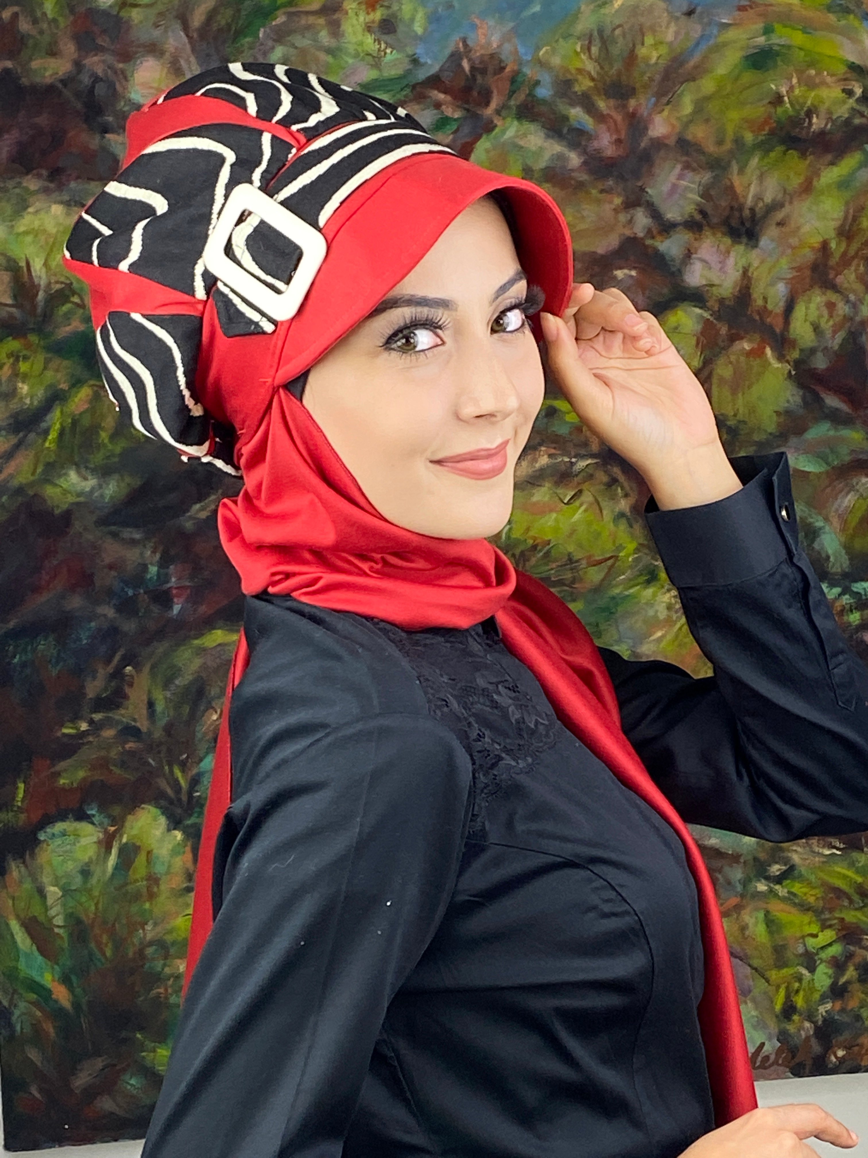 Damla Model İri Zebra Desenli Tesettür Şapka Şal - kırmızı