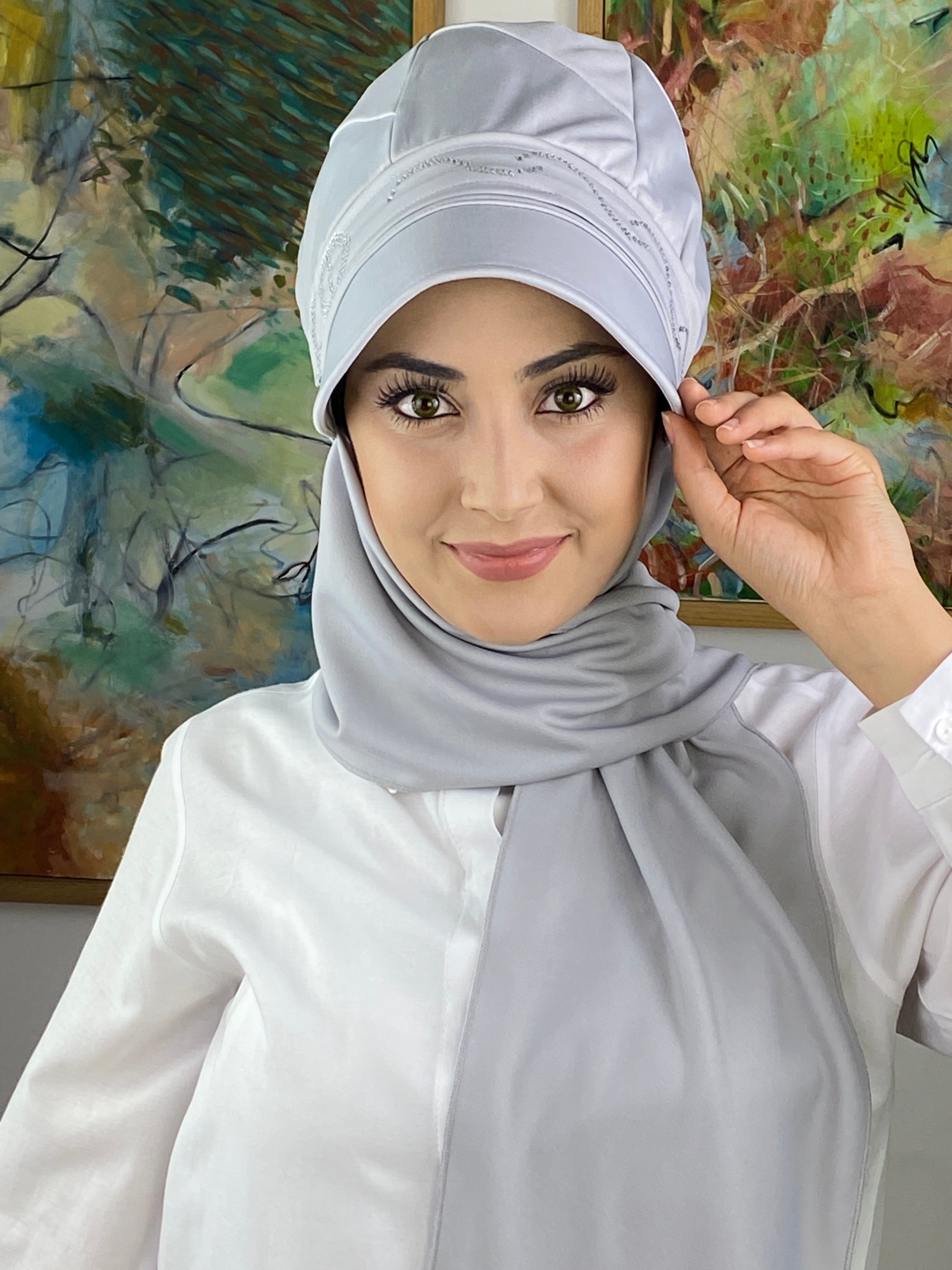 Tek Biritli Fularlı Şapka - gri