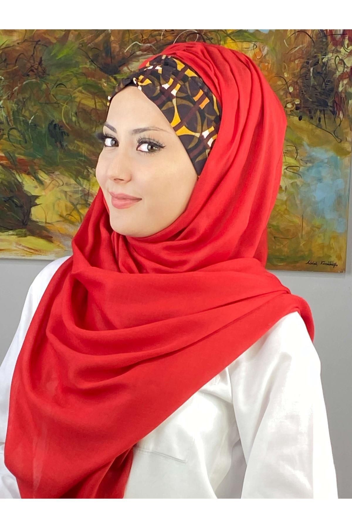Geometrik Desenli Kırmızı Büzgülü Hazır Şal