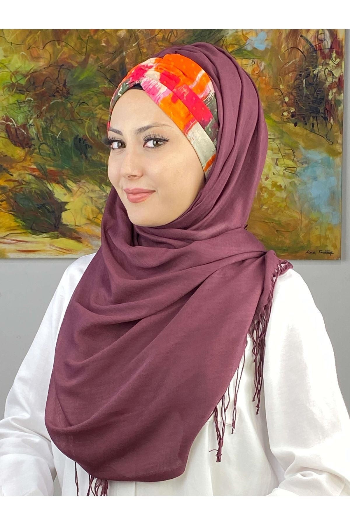 Zebra Desenli Açık Mürdüm Büzgülü Hazır Şal