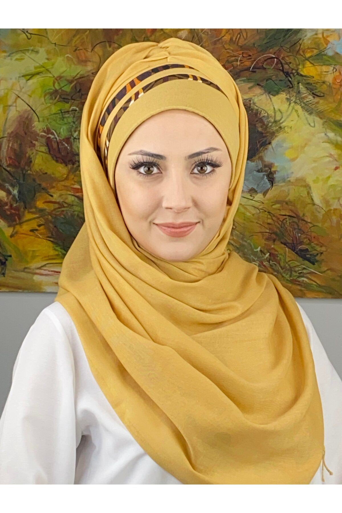 Saray Model Retro Desenli Açık Hardal Hazır Şal