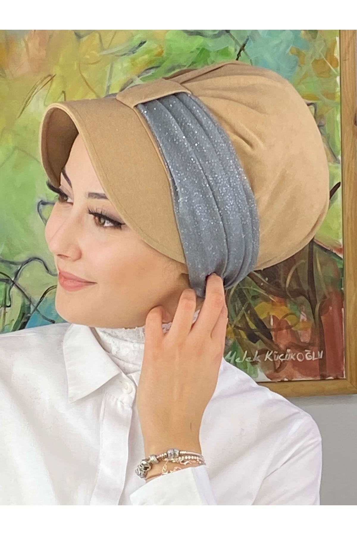  Velcro Gray Glittery Chiffon Scarf Hat