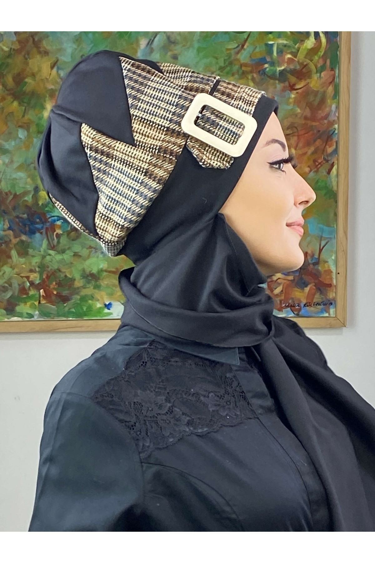 Çarkıfelek Siyah İri Ekose Desenli Atkılı Tesettür Bere