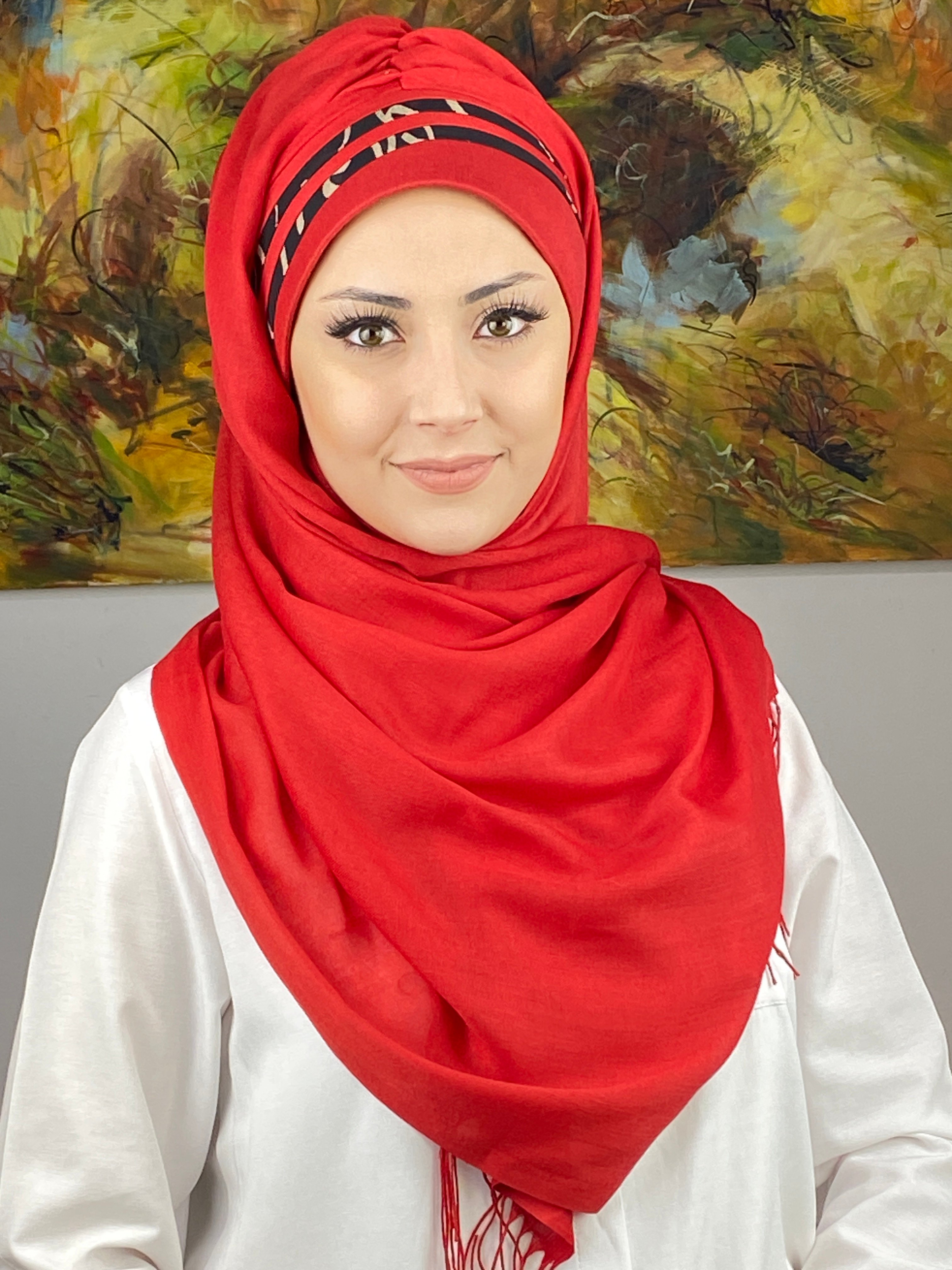 Saray Model Siyah Şeritli Desen Kırmızı Hazır Şal