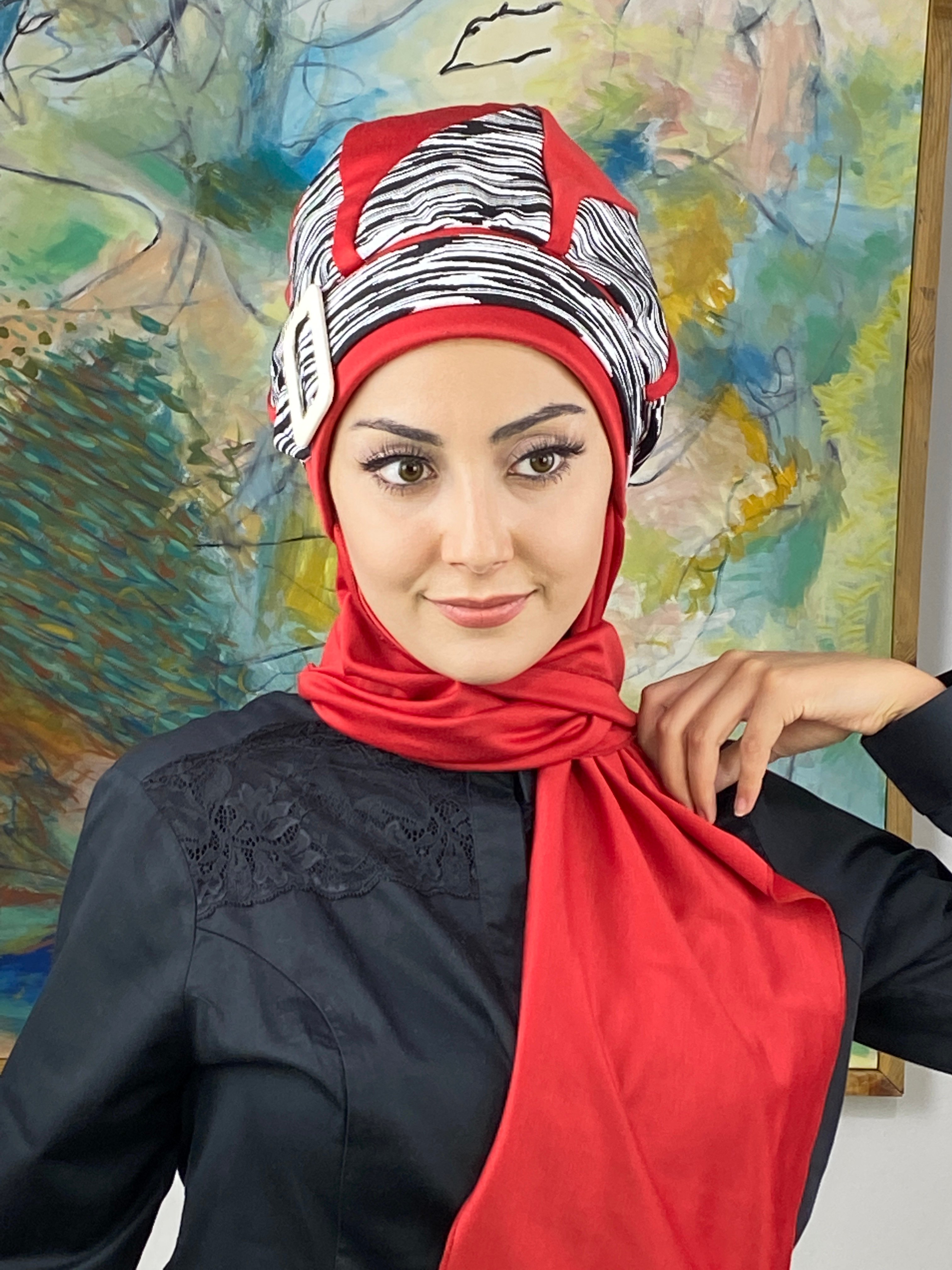 Damla Model Çizgili Tesettür Bere - kırmzı
