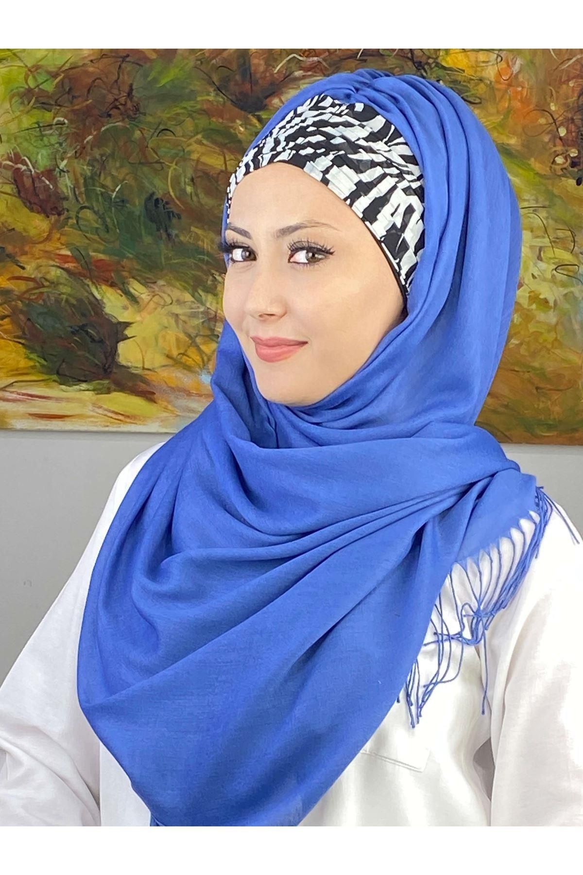 Zebra Desenli İndigo Büzgülü Hazır Şal