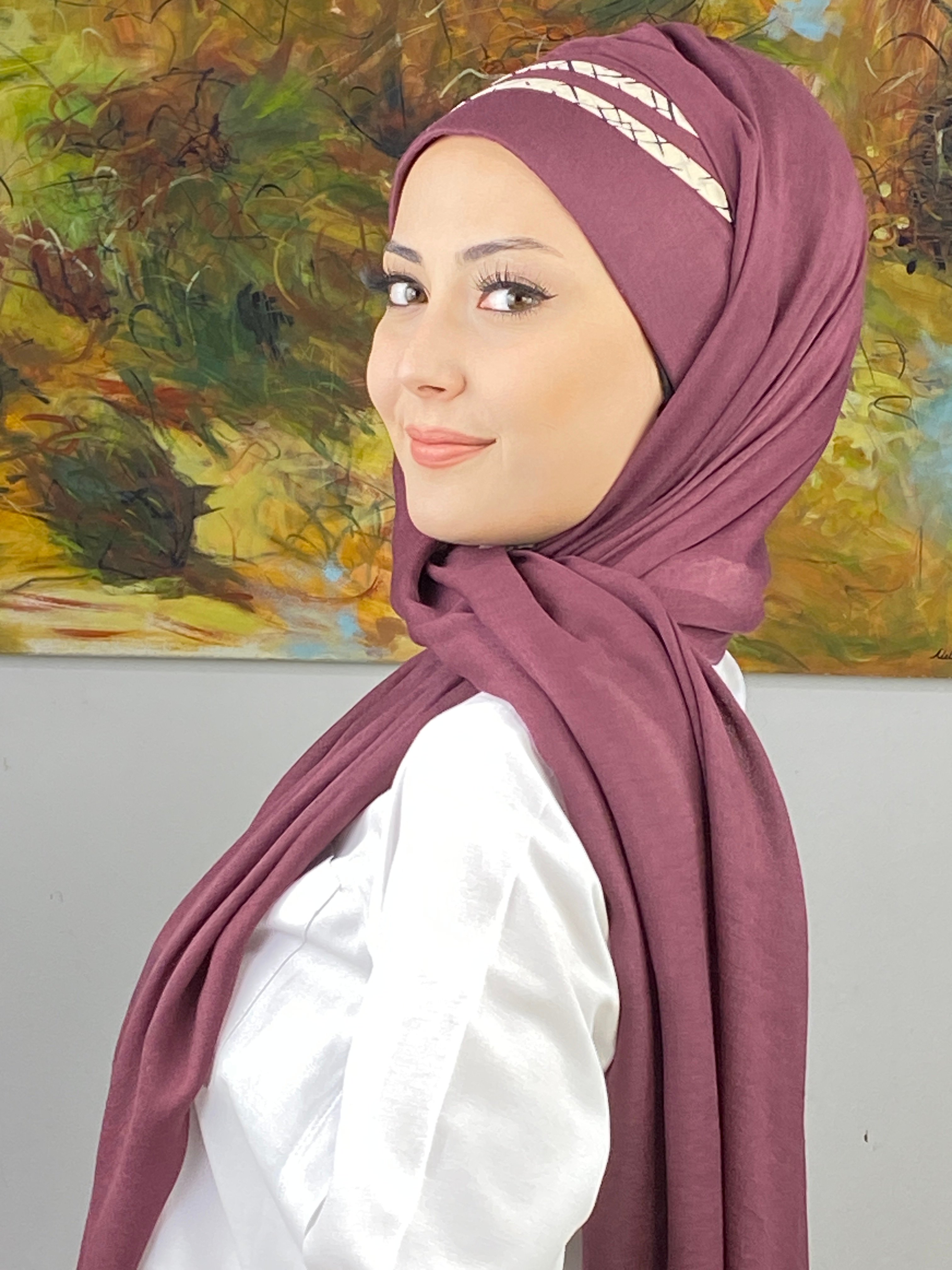 Saray Model Krem Şerit Desenli Açık Mürdüm Hazır Şal