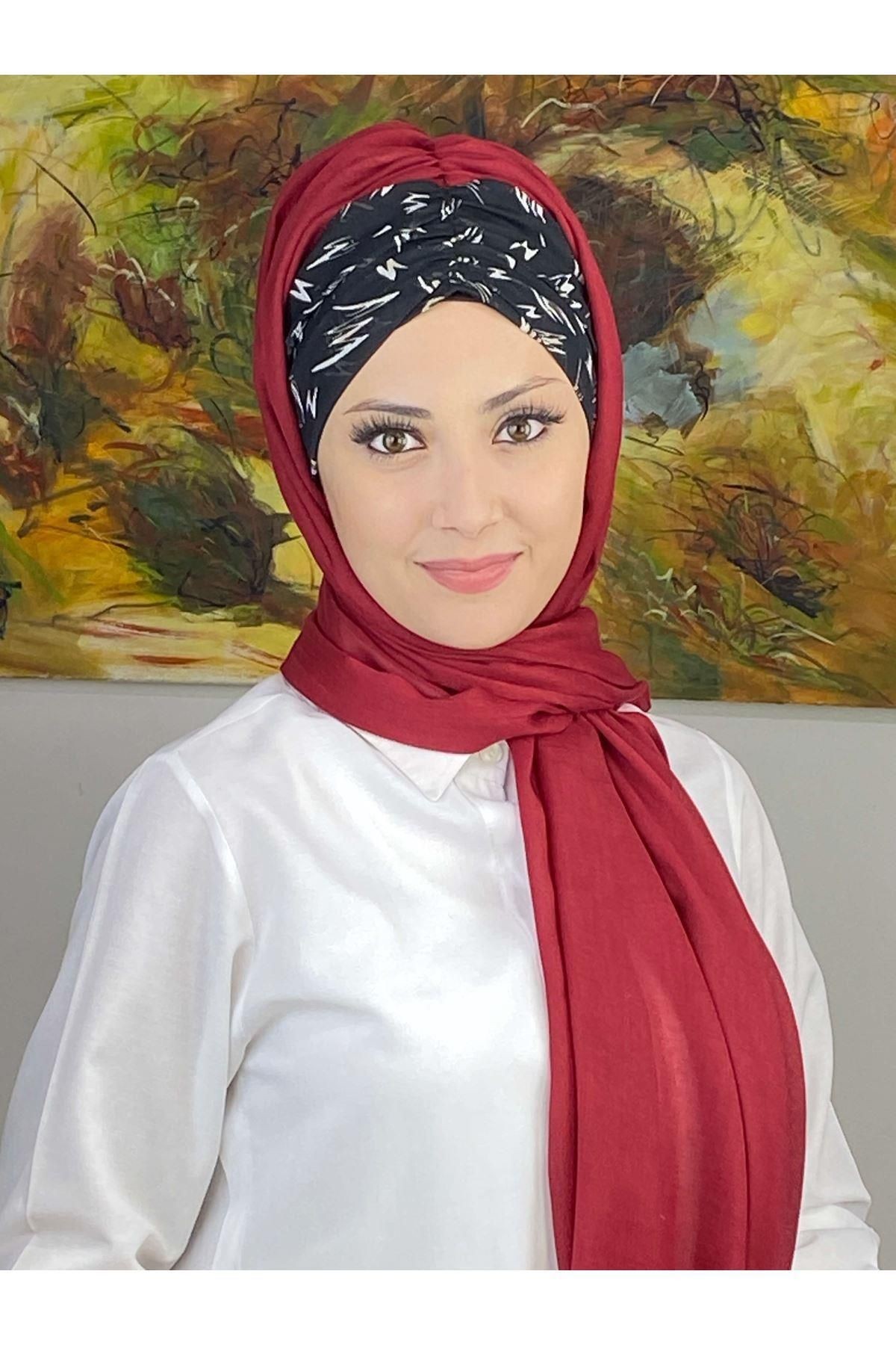 Siyah Beyaz Desenli Bordo Büzgülü Hazır Şal