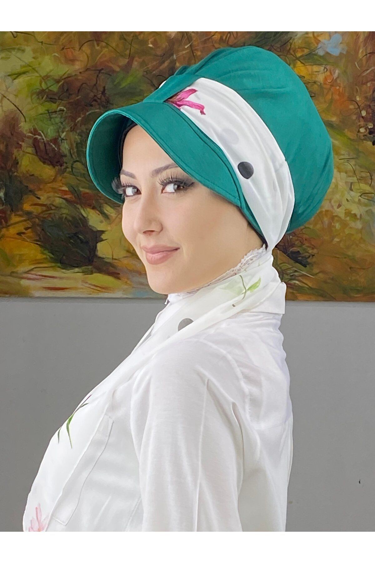 Floral Desenli Tek Biritli Fularlı Şapka