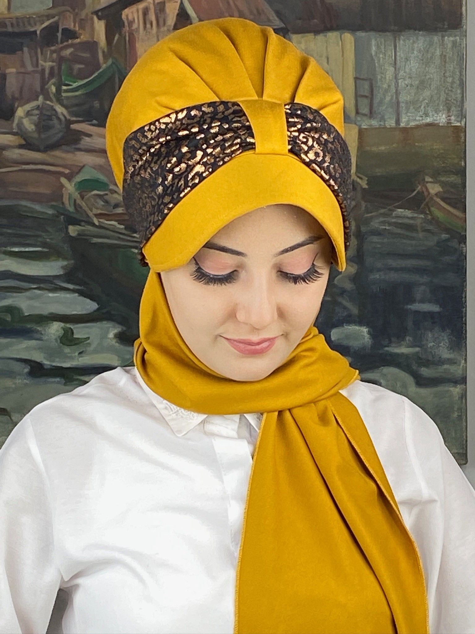 TEK BİRİTLİ HARDAL ŞAPKA ŞAL