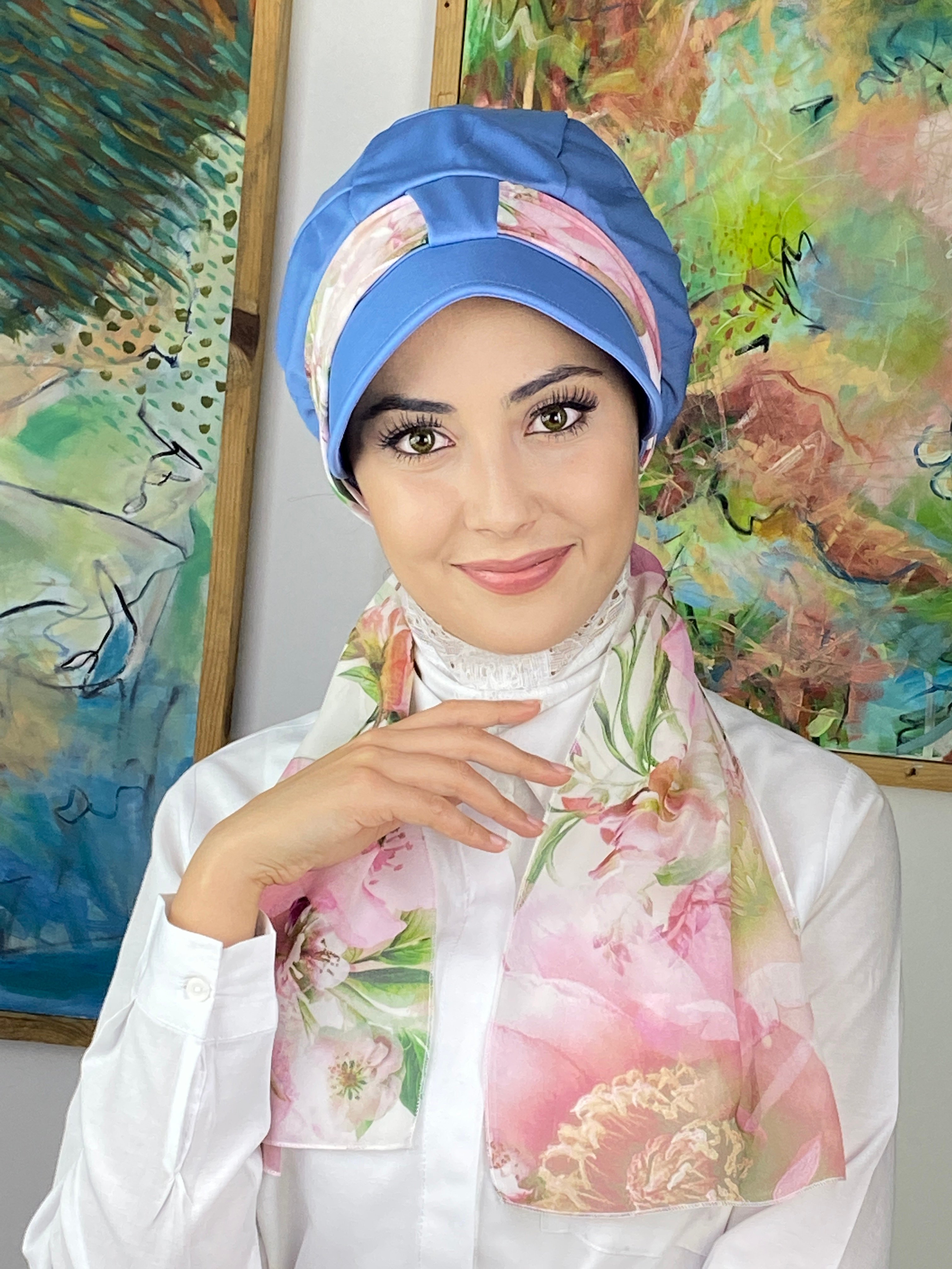 Tek Biritli Fularlı Şapka - mavi -pembe çiçek