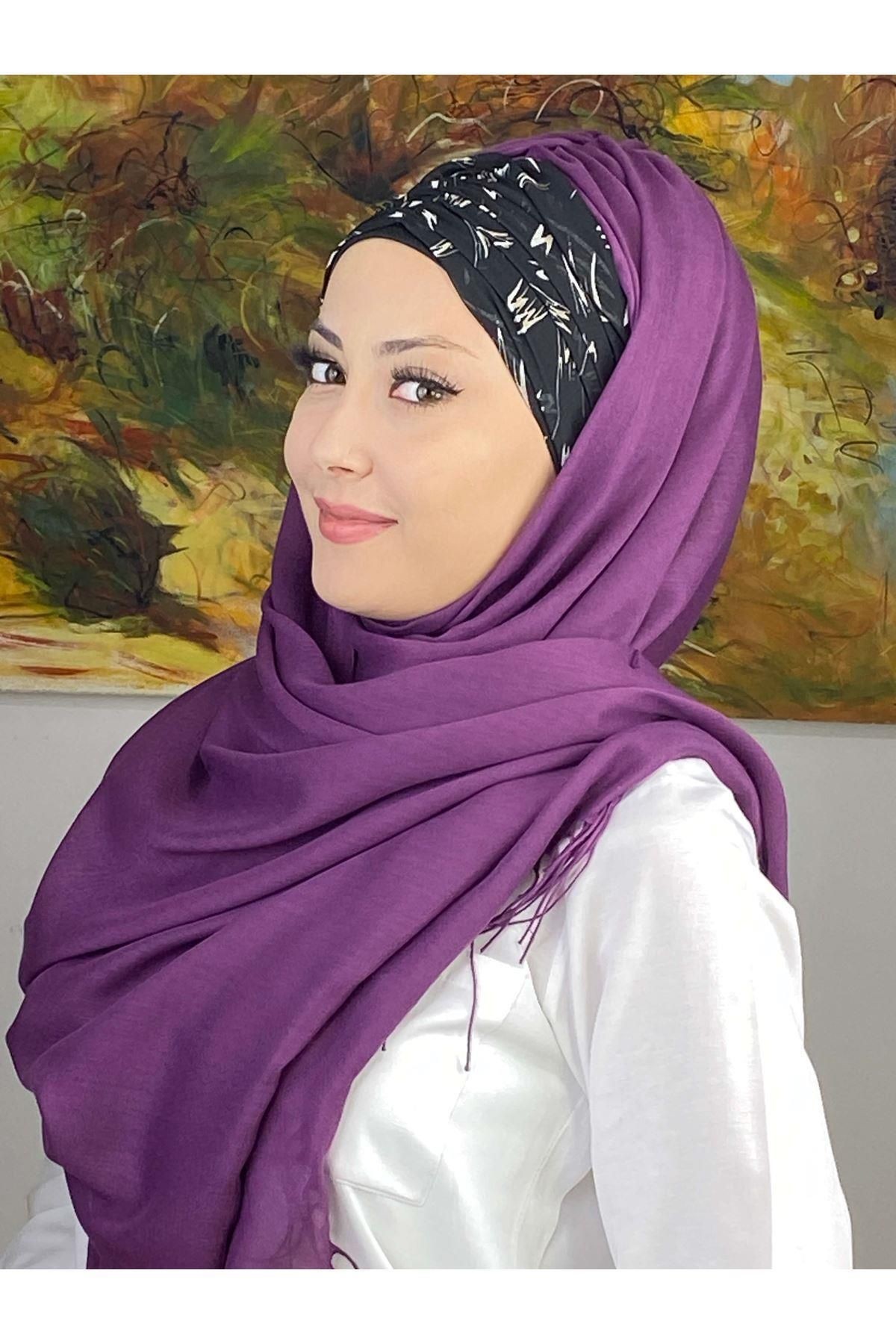 Siyah Beyaz Desenli Mor Büzgülü Hazır Şal