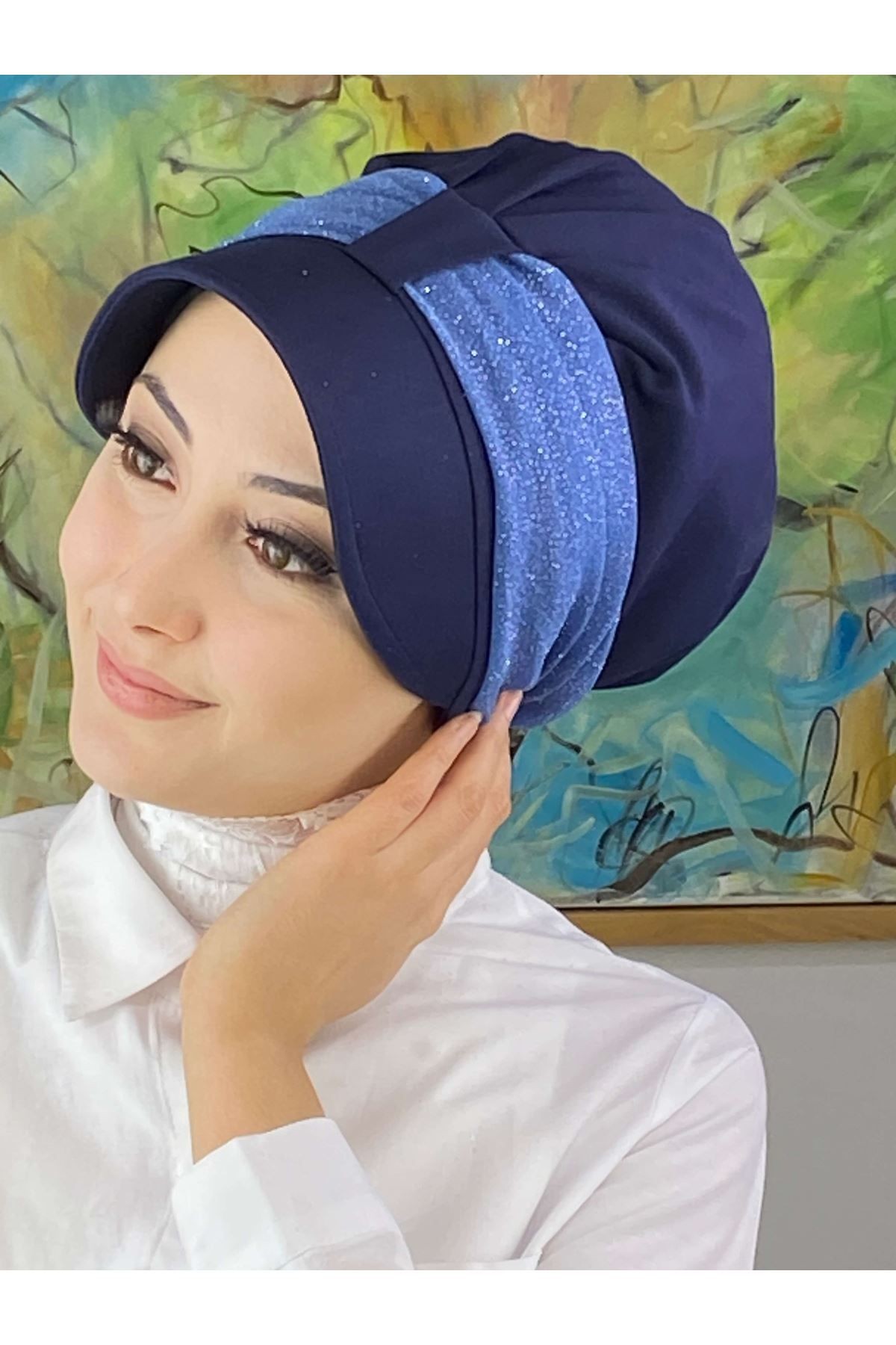 Cırtcırtlı İndigo Şifon Fularlı Şapka