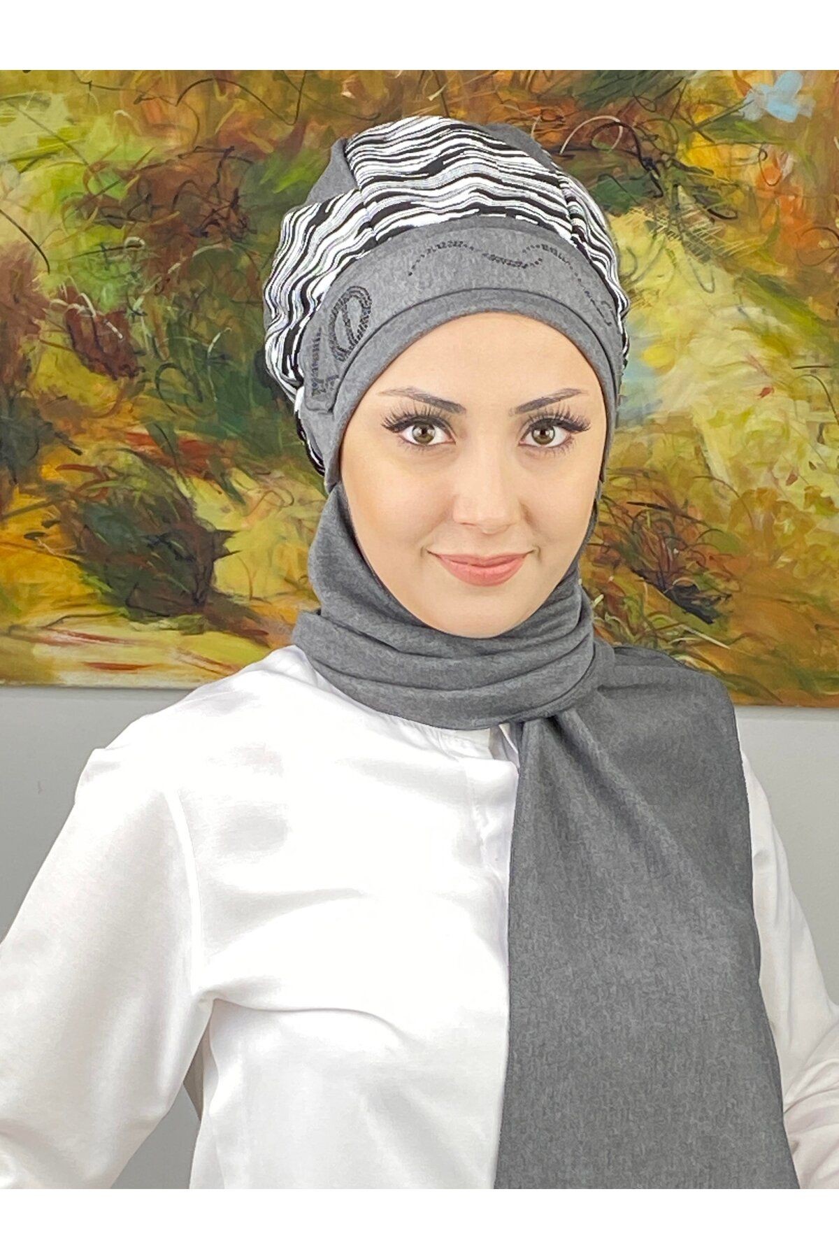 Çarkıfelek Model Çizgili Kemer Desenli Taşlı Açık Gri Atkılı Bere