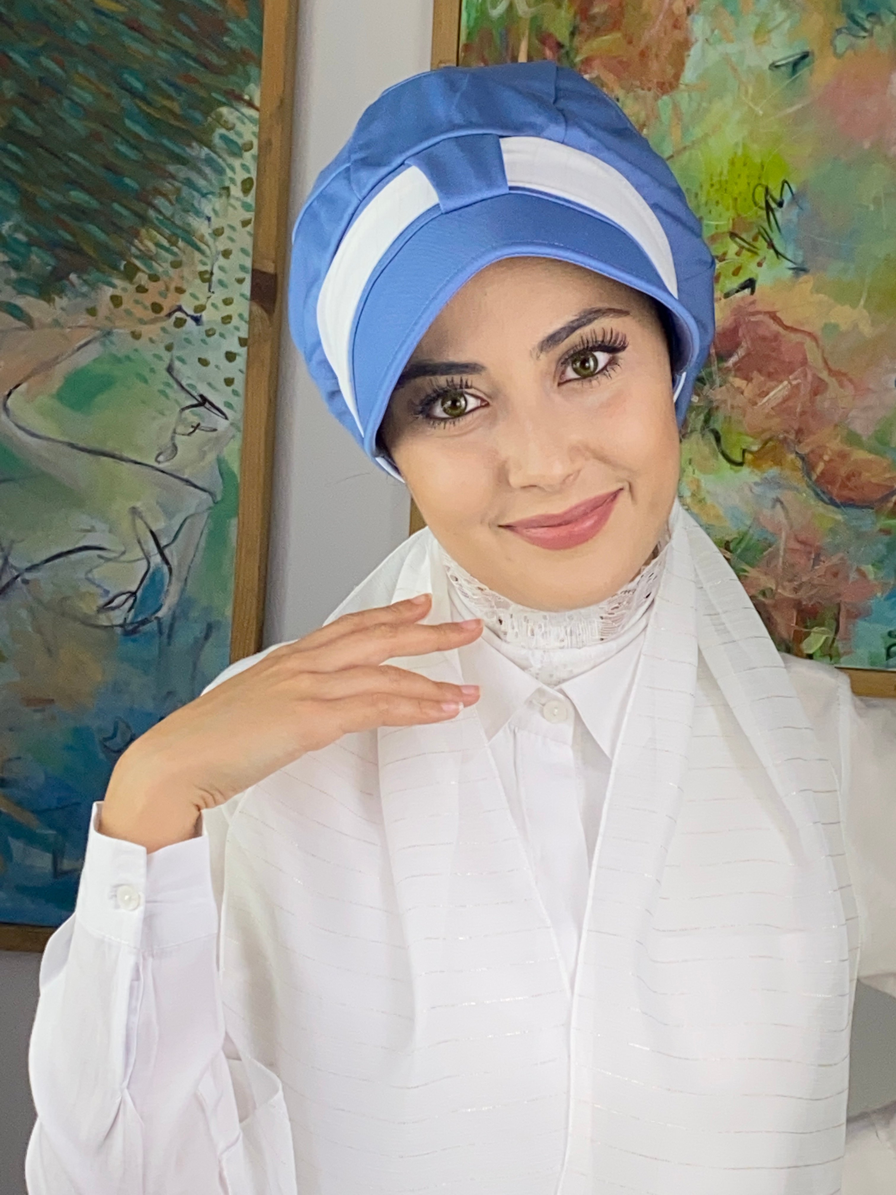 Tek Biritli Fularlı Şapka - mavi - beyaz