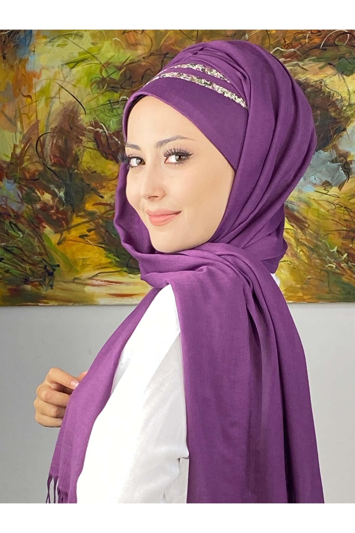Saray Model Yan Drapeli Şifon Şeritli Desen Hazır Şal