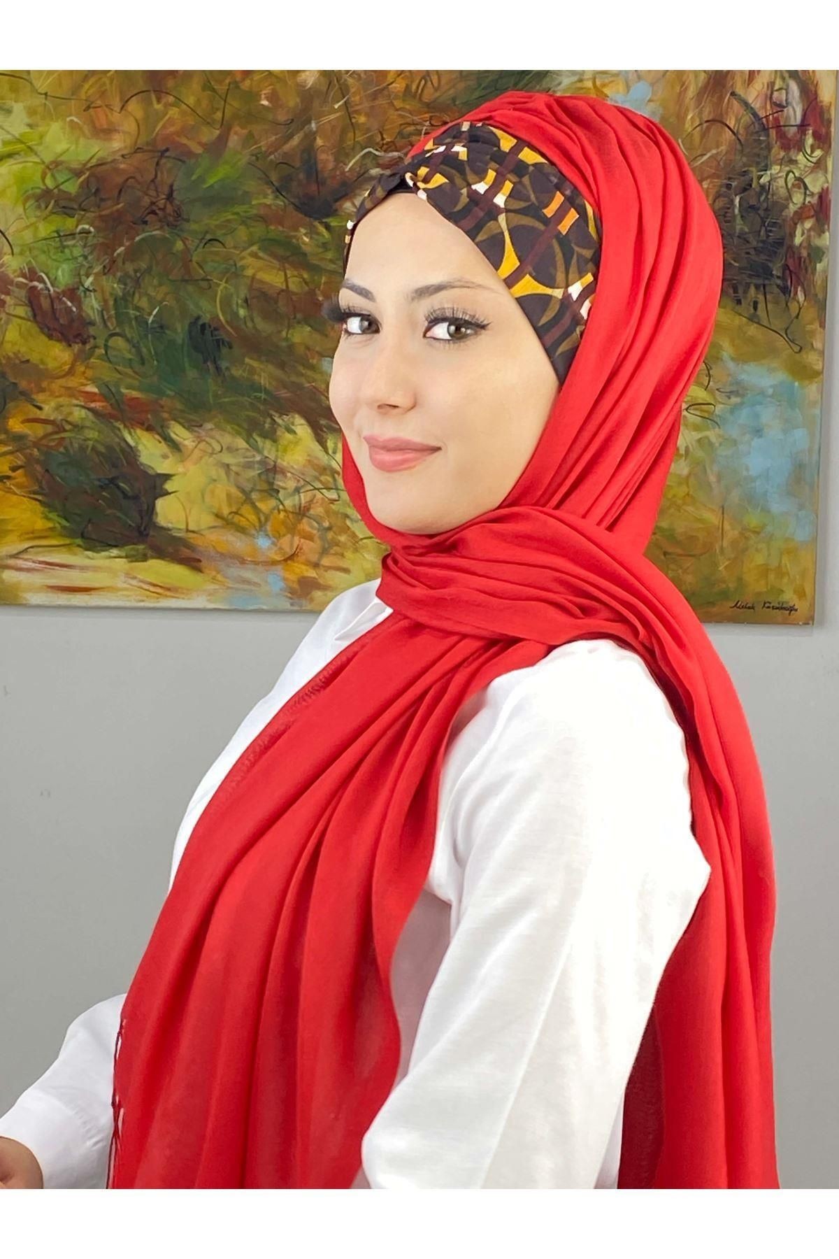 Geometrik Desenli Kırmızı Büzgülü Hazır Şal
