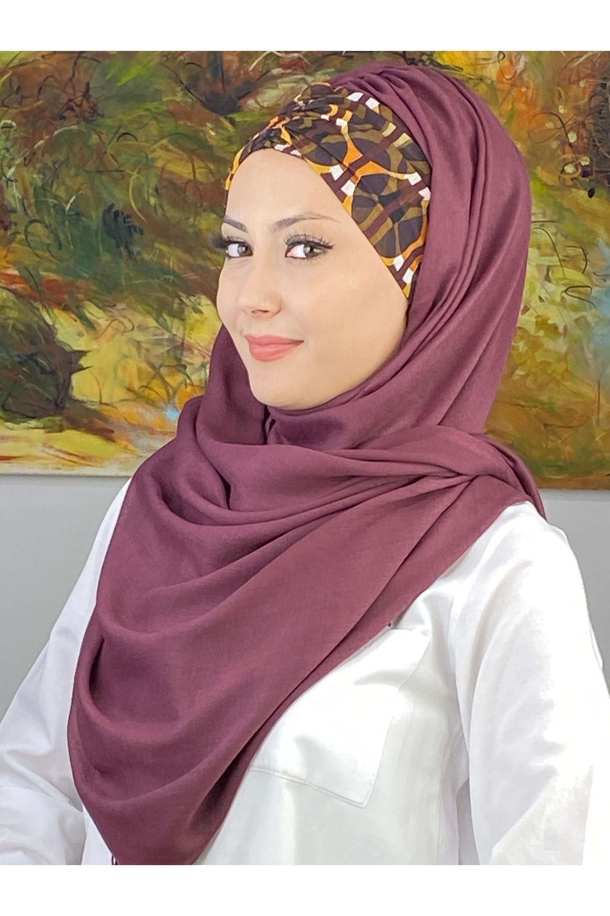 Geometrik Desenli Açık Mürdüm Büzgülü Hazır Şal
