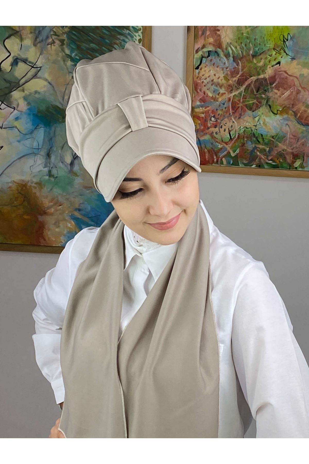 Taş Rengi Fularlı Şapka