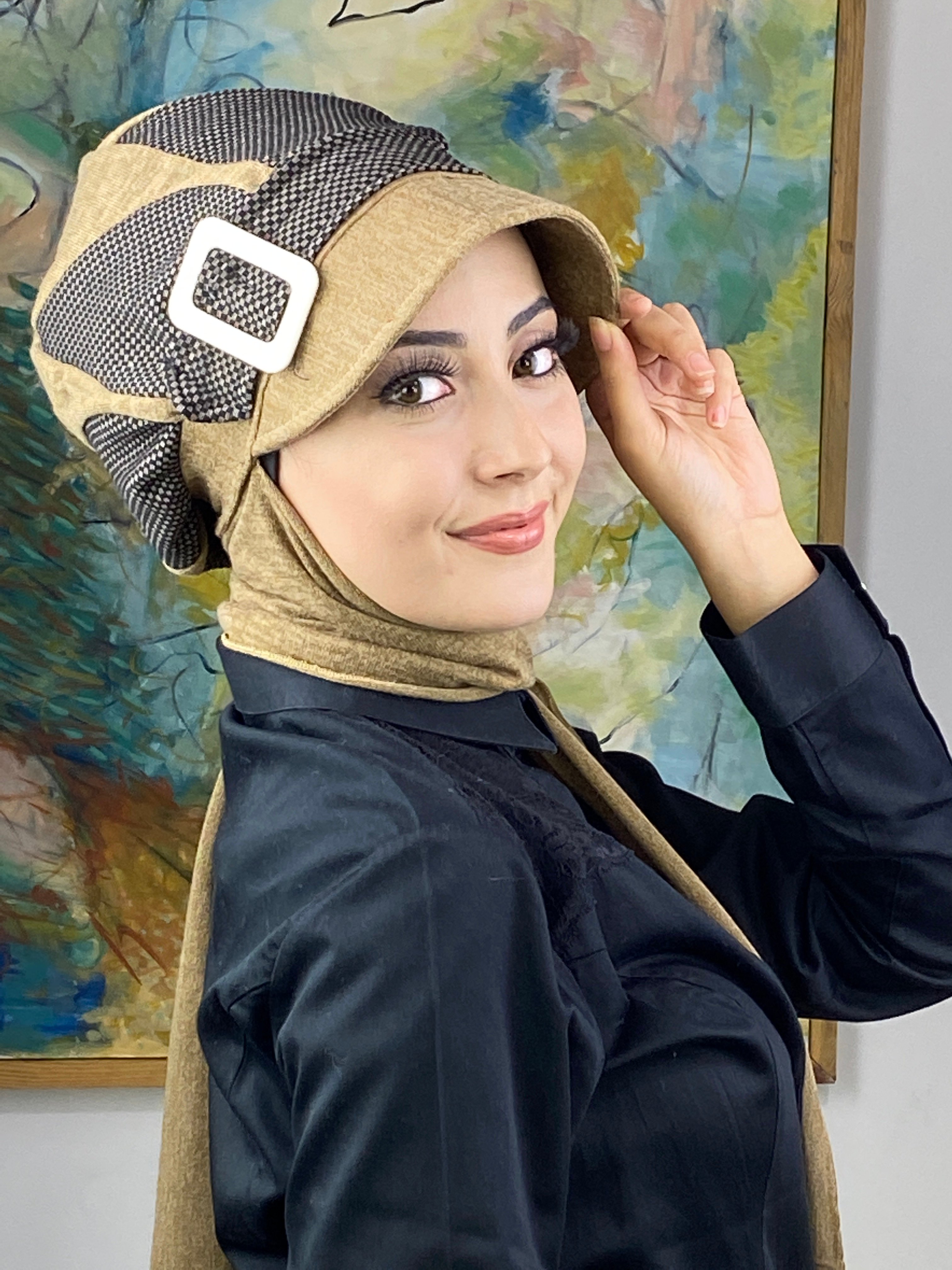 Damla Model Küçük Ekoseli Tesettür Bone Şal