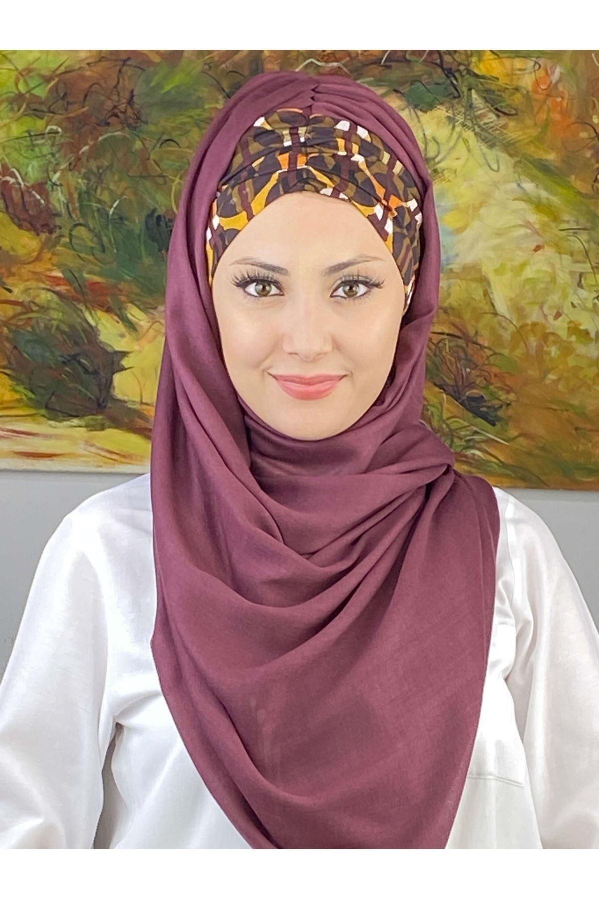 Geometrik Desenli Açık Mürdüm Büzgülü Hazır Şal