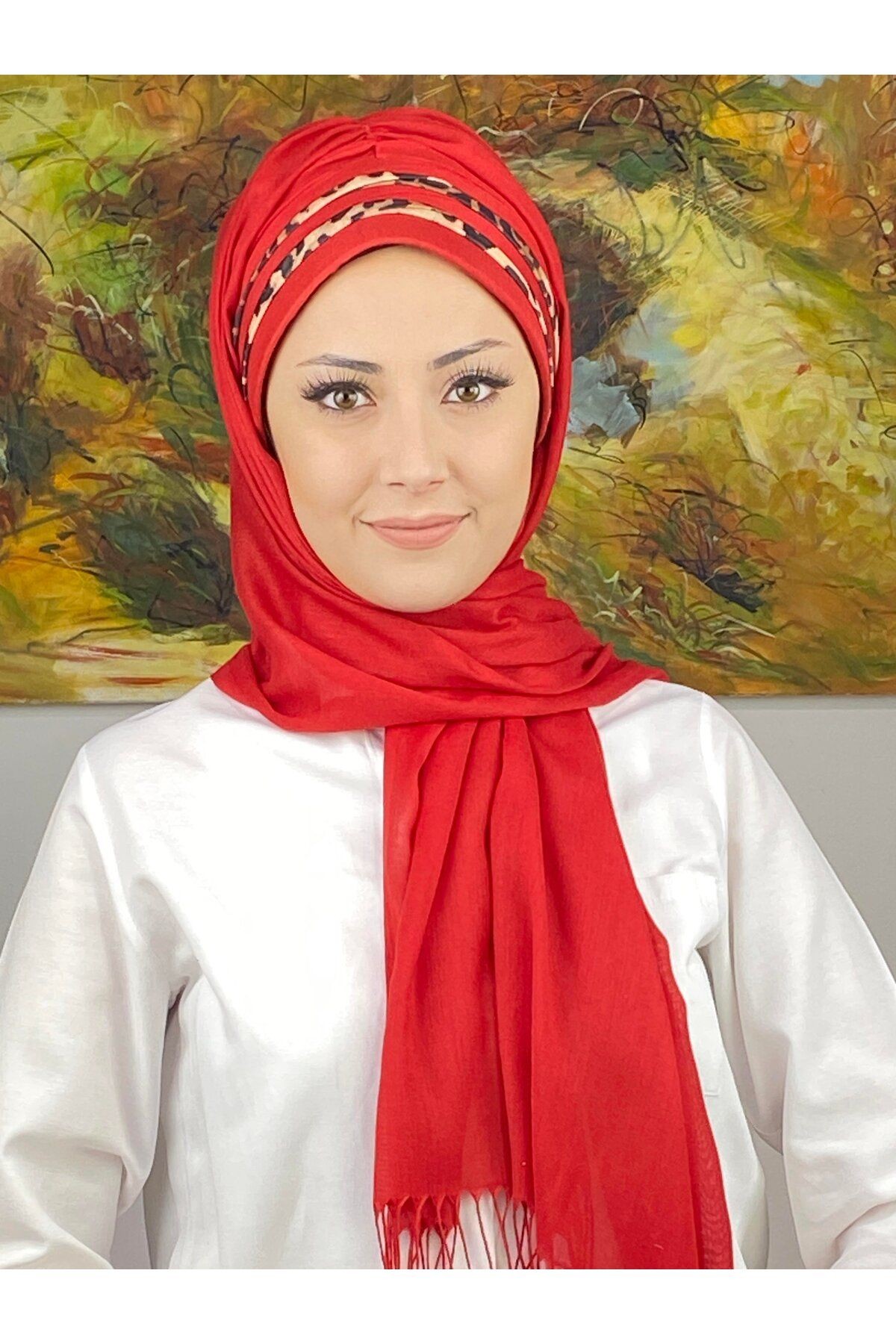 Topkapı Model Leopar Şerit Desenli Kırmızı Hazır Şal