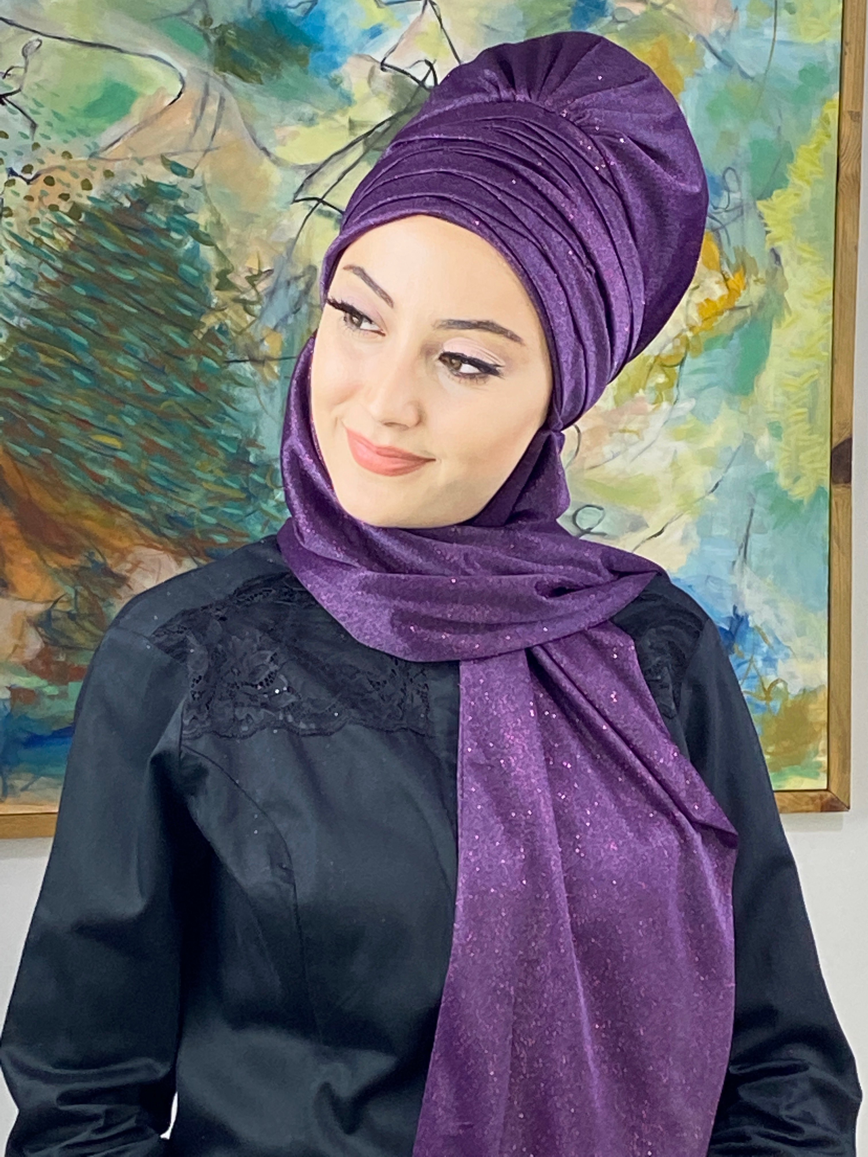 Simli Mor Atkılı Abiye Tesettür Bone