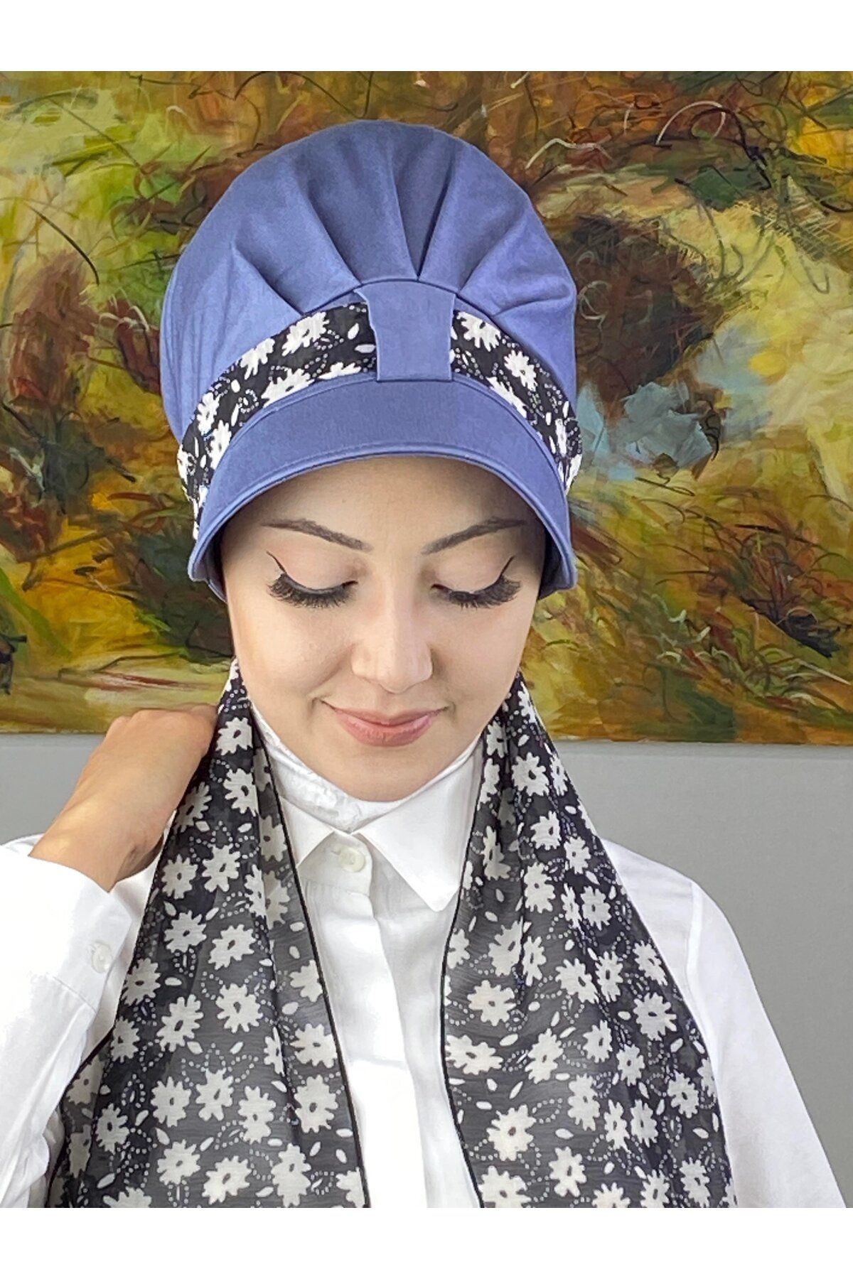 Floral Desenli Tek Biritli Fularlı Şapka