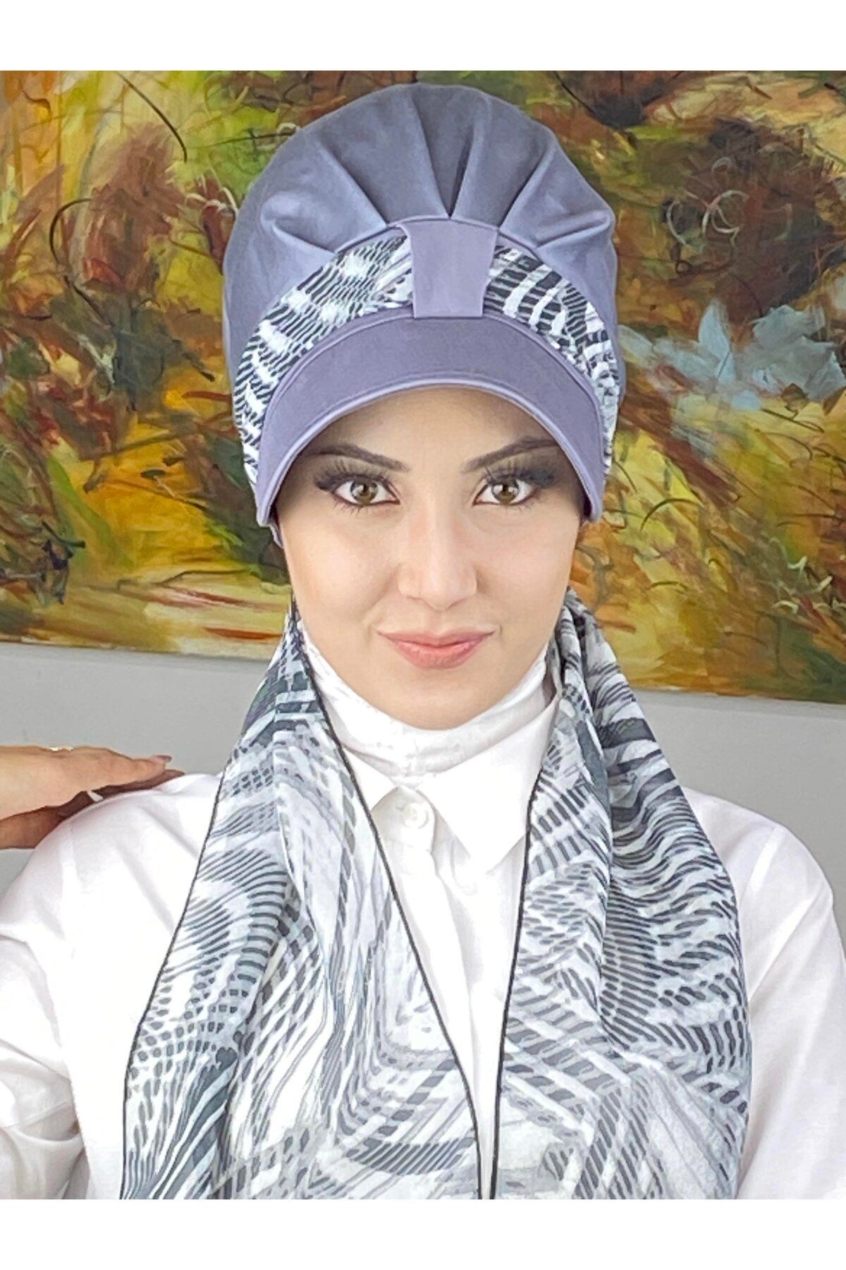 Floral Desenli Tek Biritli Fularlı Şapka