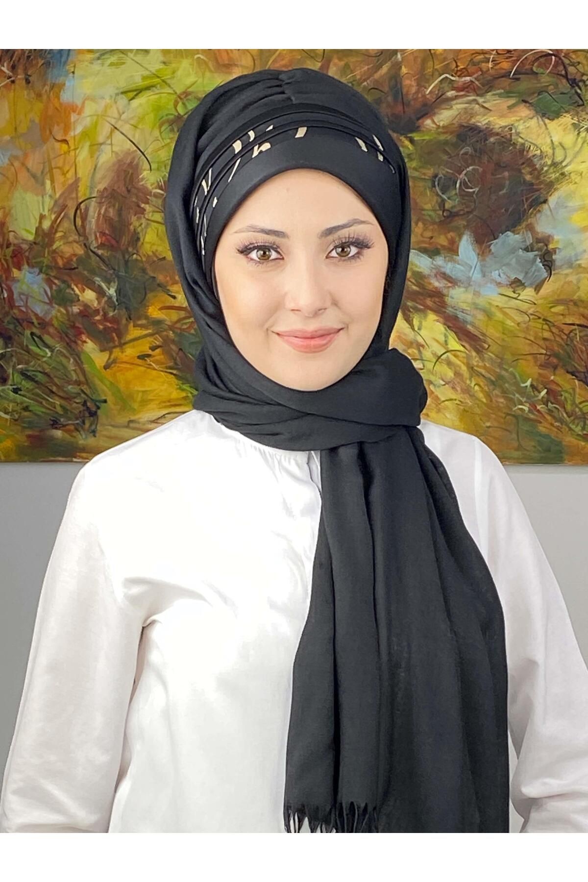 Saray Model Yan Drapeli Siyah Şeritli Desen Hazır Şal