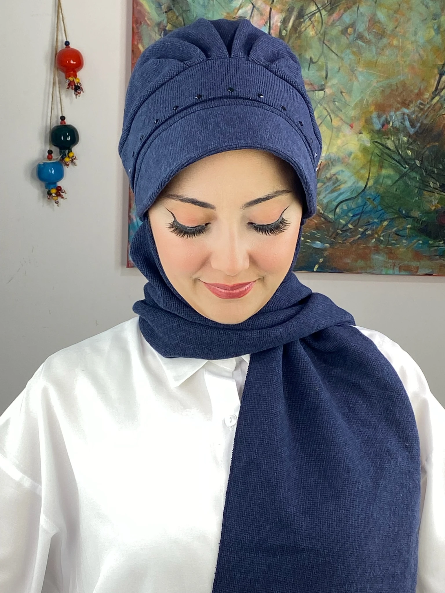 KARE SİYAH  TAŞ DETAYLI ŞAPKA - lacivert_koyu