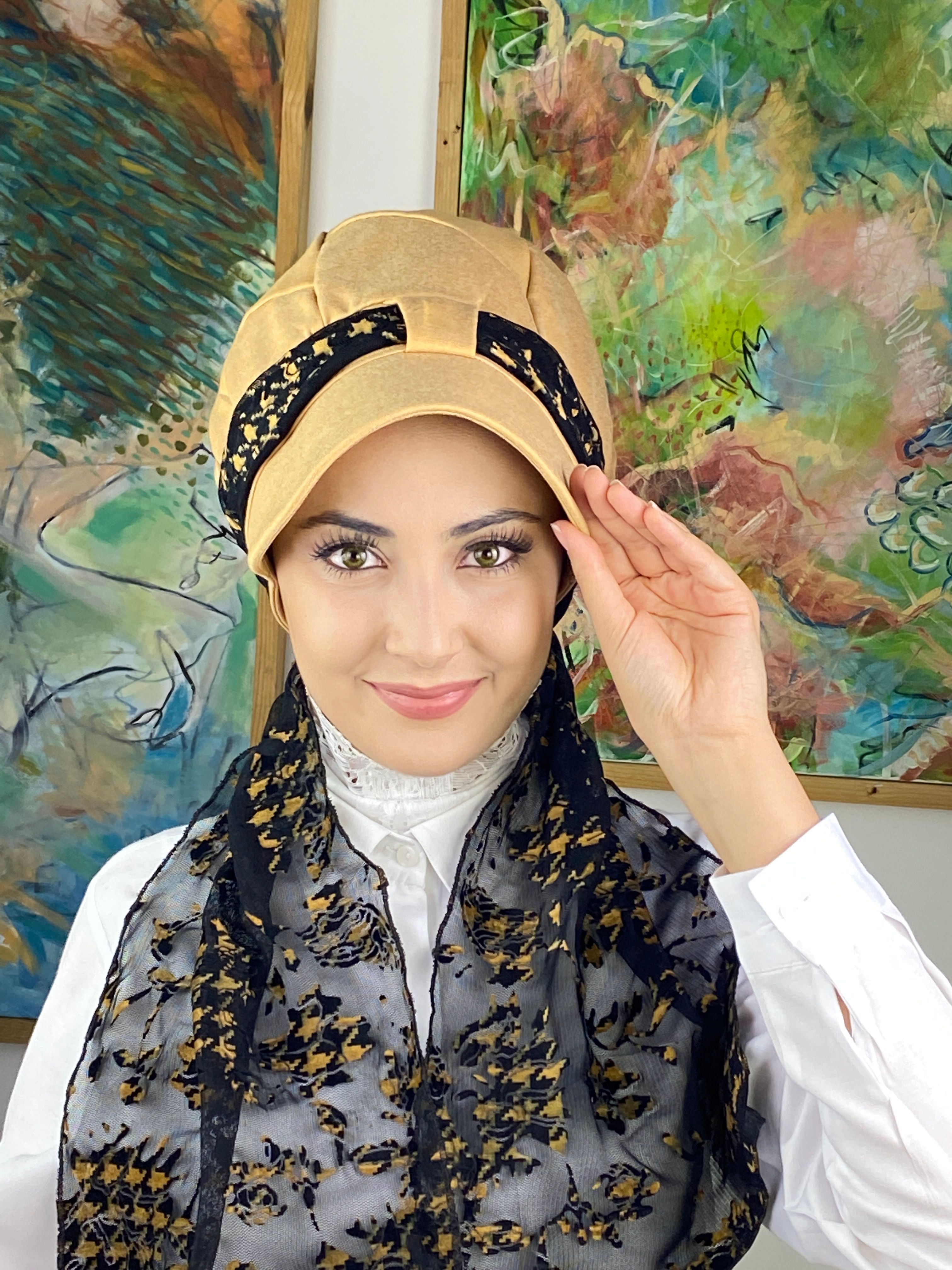 Tek Biritli Fularlı Şapka - Devetüyü -  parçalı