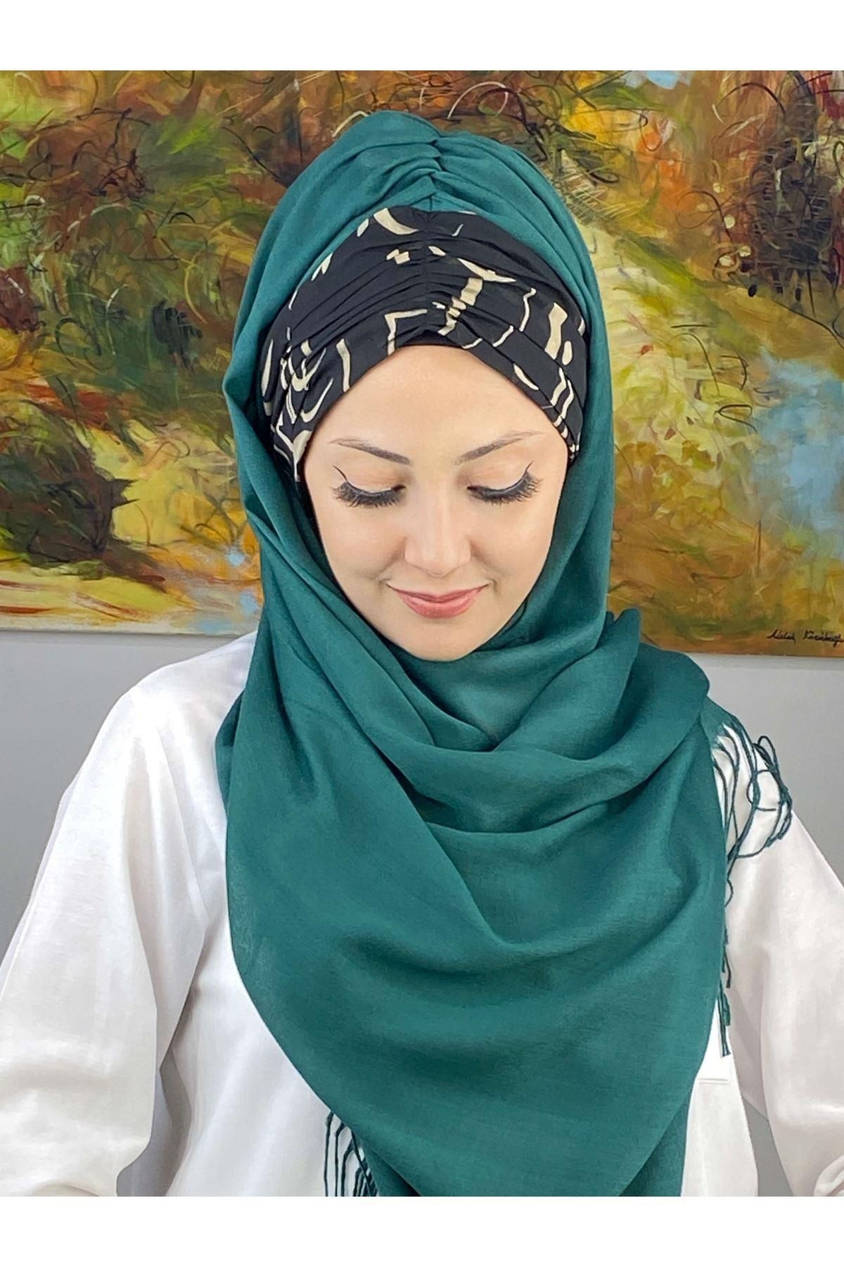 Vintage Desenli Zümrüt Yeşili Büzgülü Hazır Şal