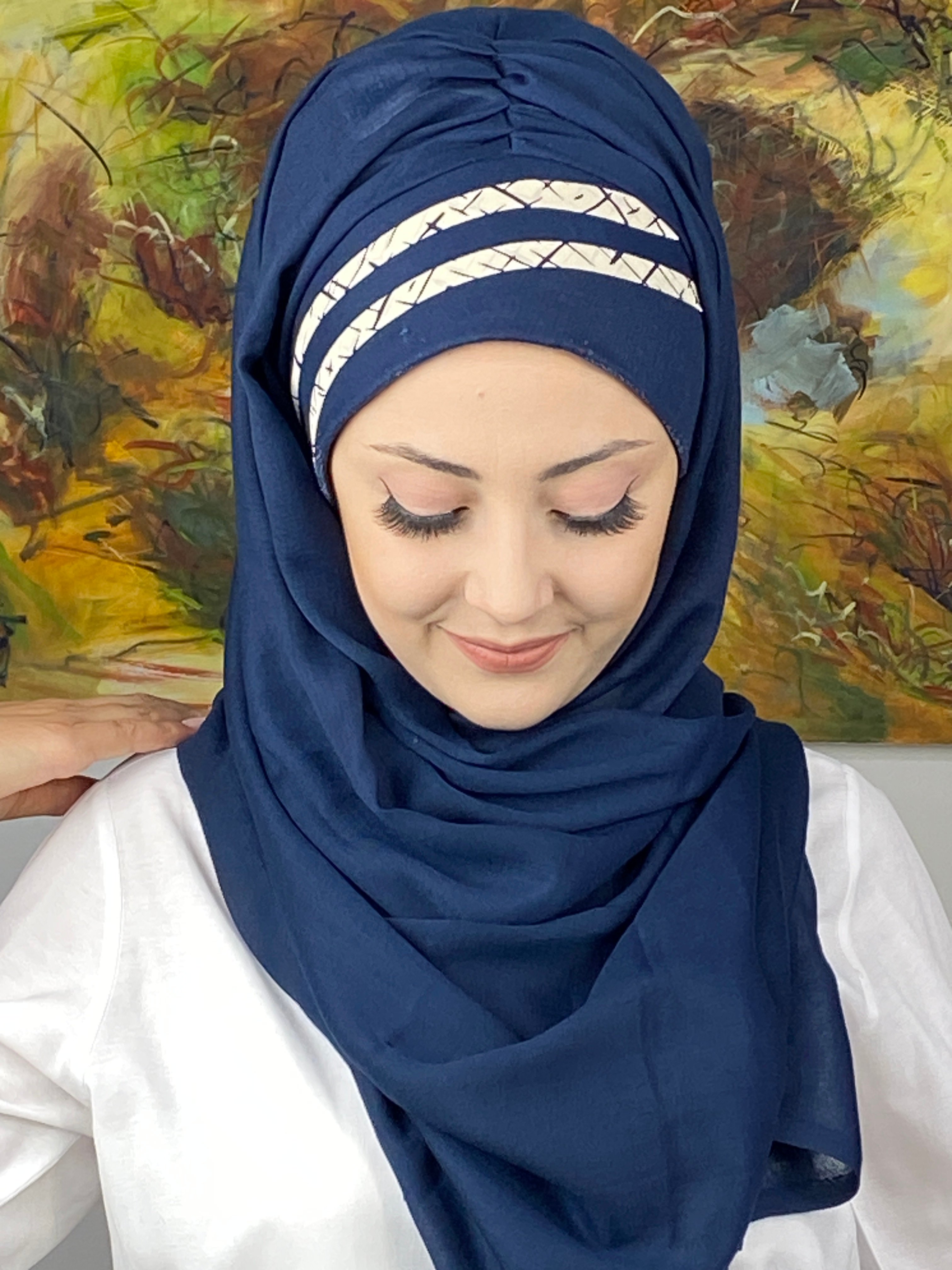 Saray Model Yan Drapeli Krem Şeritli Desen Hazır Şal