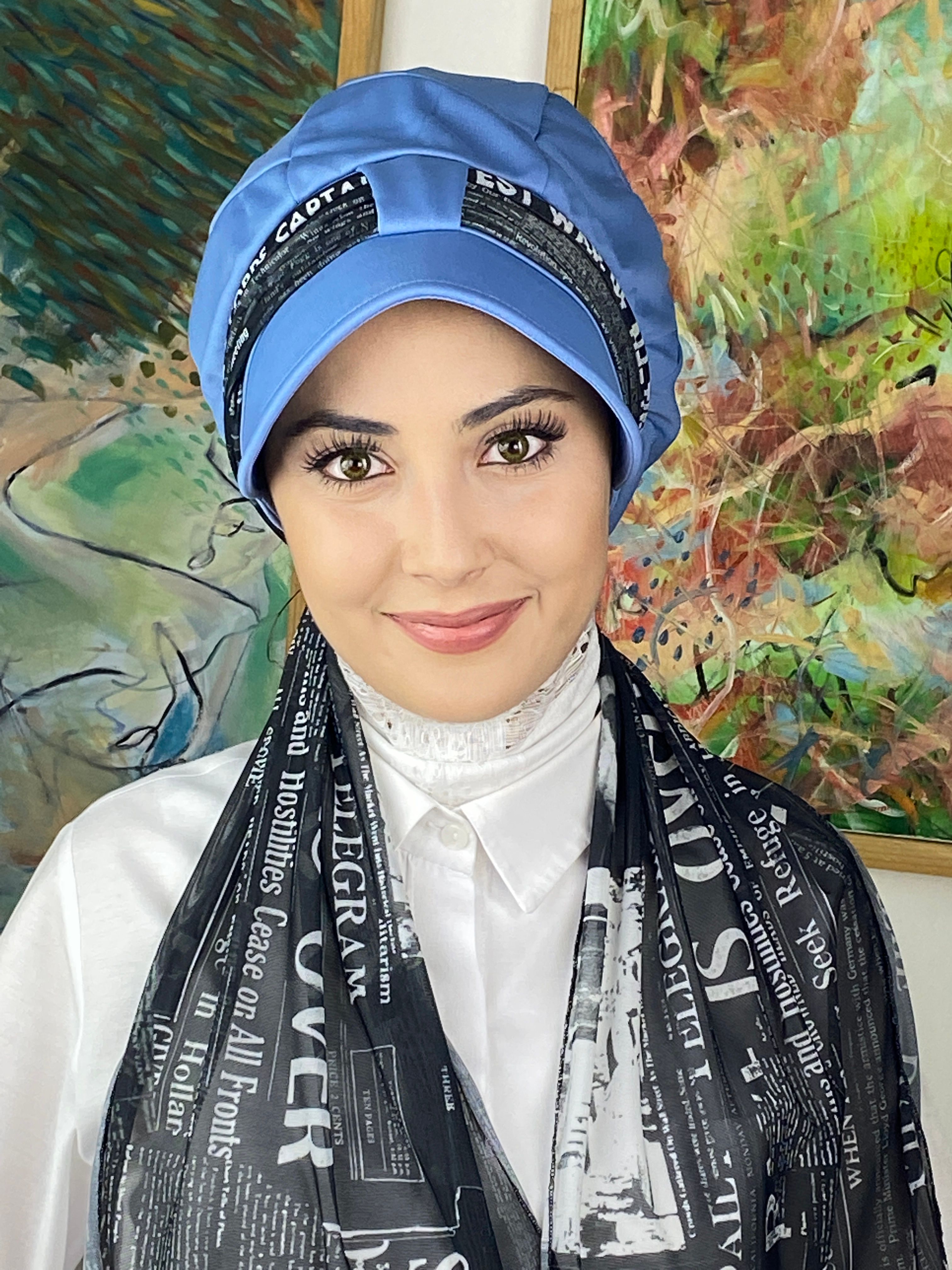 Tek Biritli Fularlı Şapka - mavi - yazılı