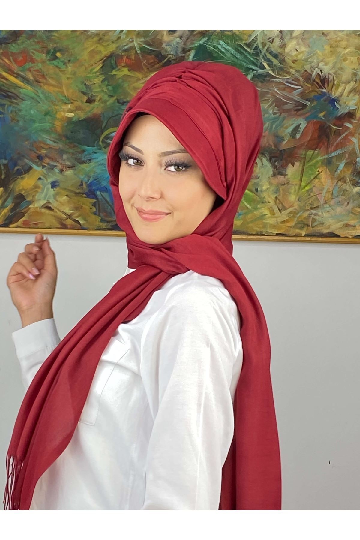Bordo Renkli Tokalı Siperli Şapka Şal