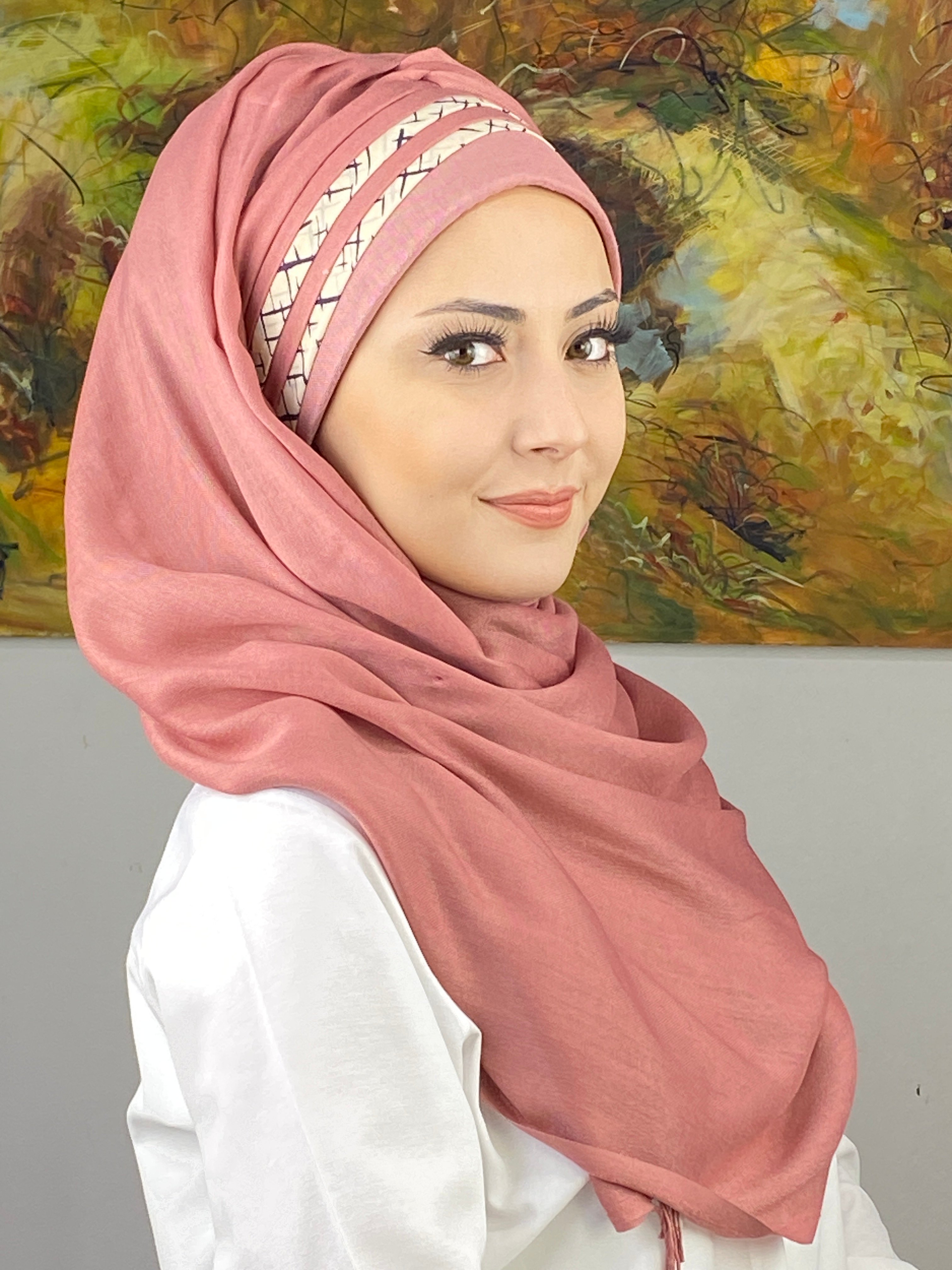  Saray Model Krem Şerit Desenli Hazır Şal