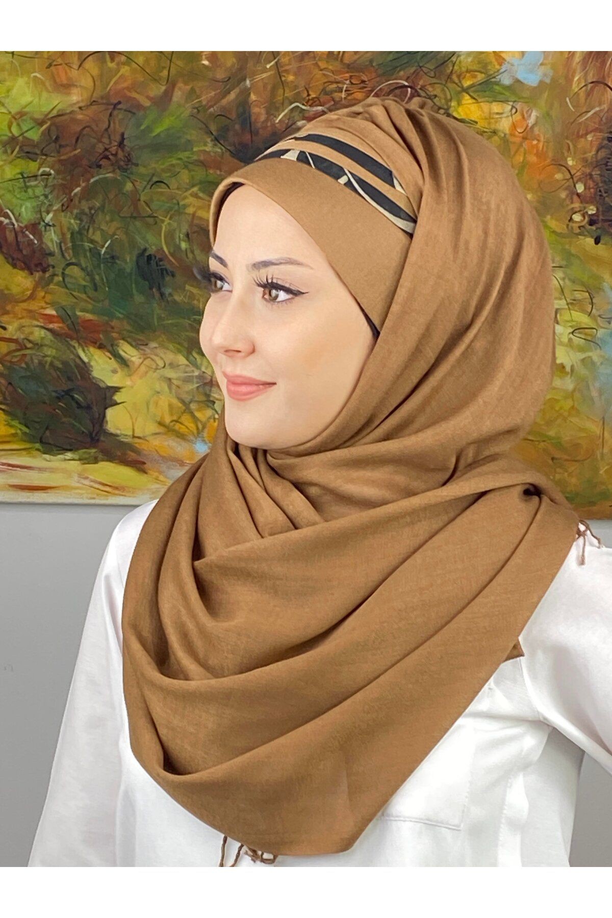 Saray Model Siyah Şeritli Desen Açık Sütlü Kahve Hazır Şal