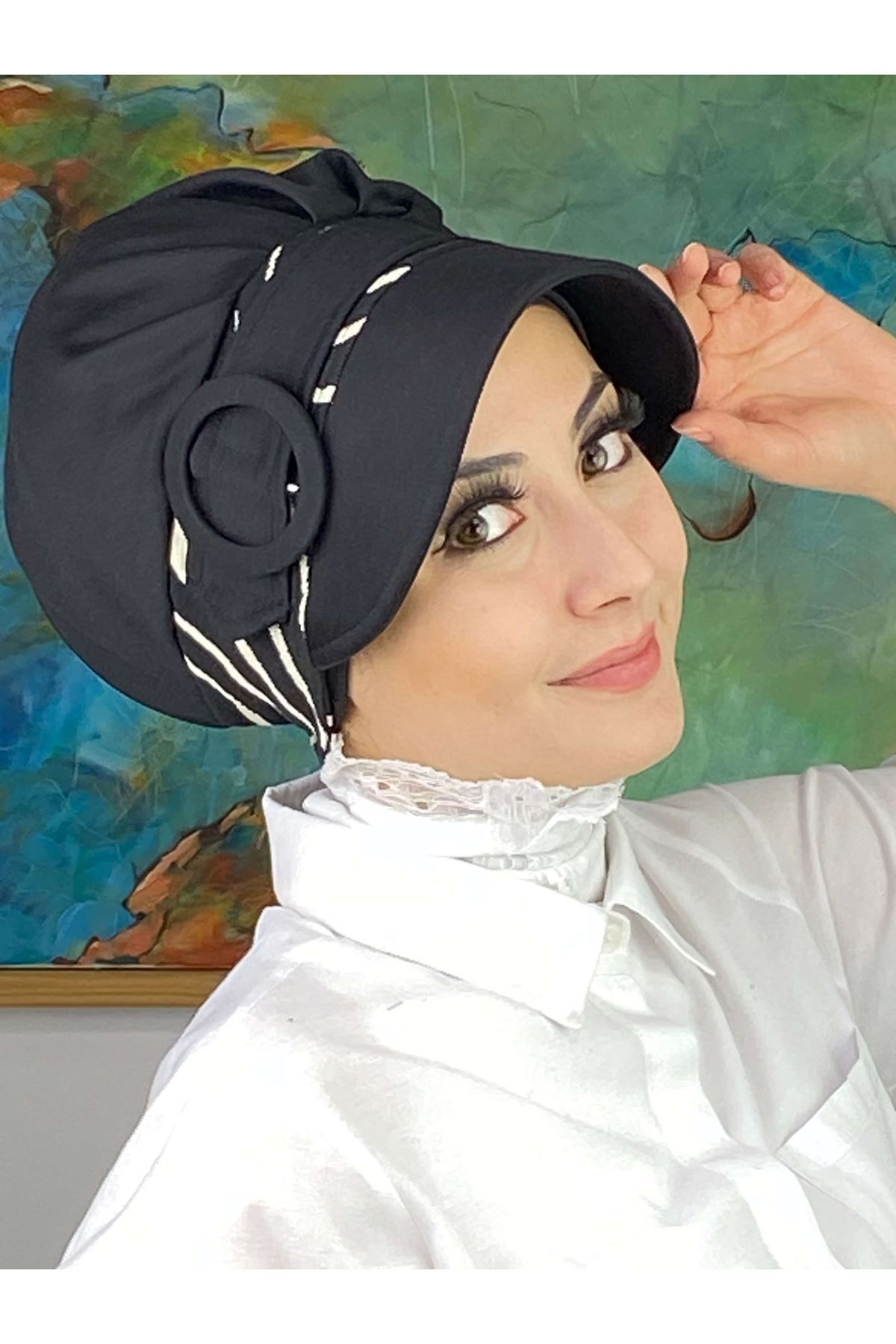 Nazlı Model Tokalı Zebra Desenli Tesettür Siyah Şapka