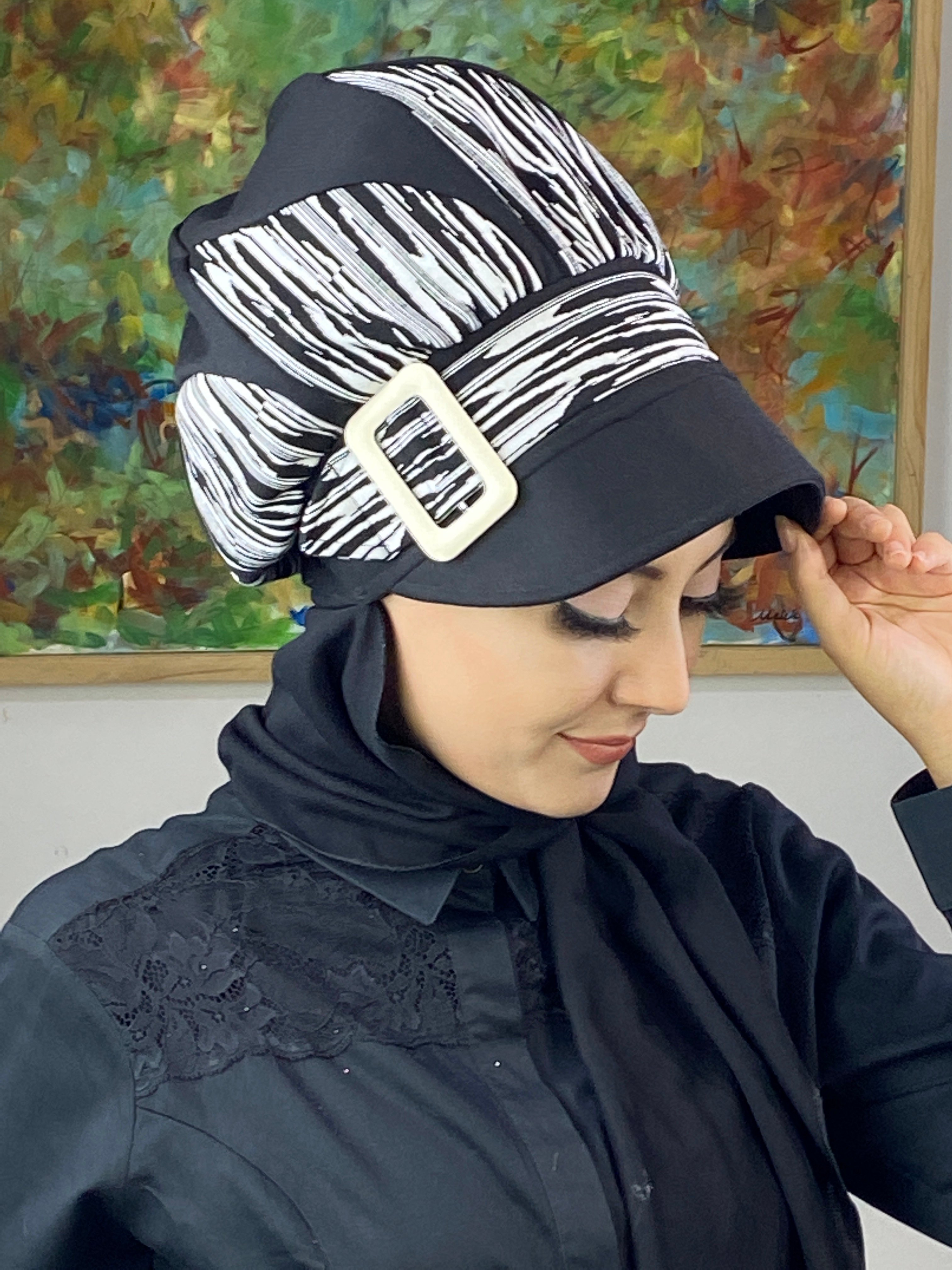 Damla Model Çizgili Haroşalı Tesettür Şapka Şal