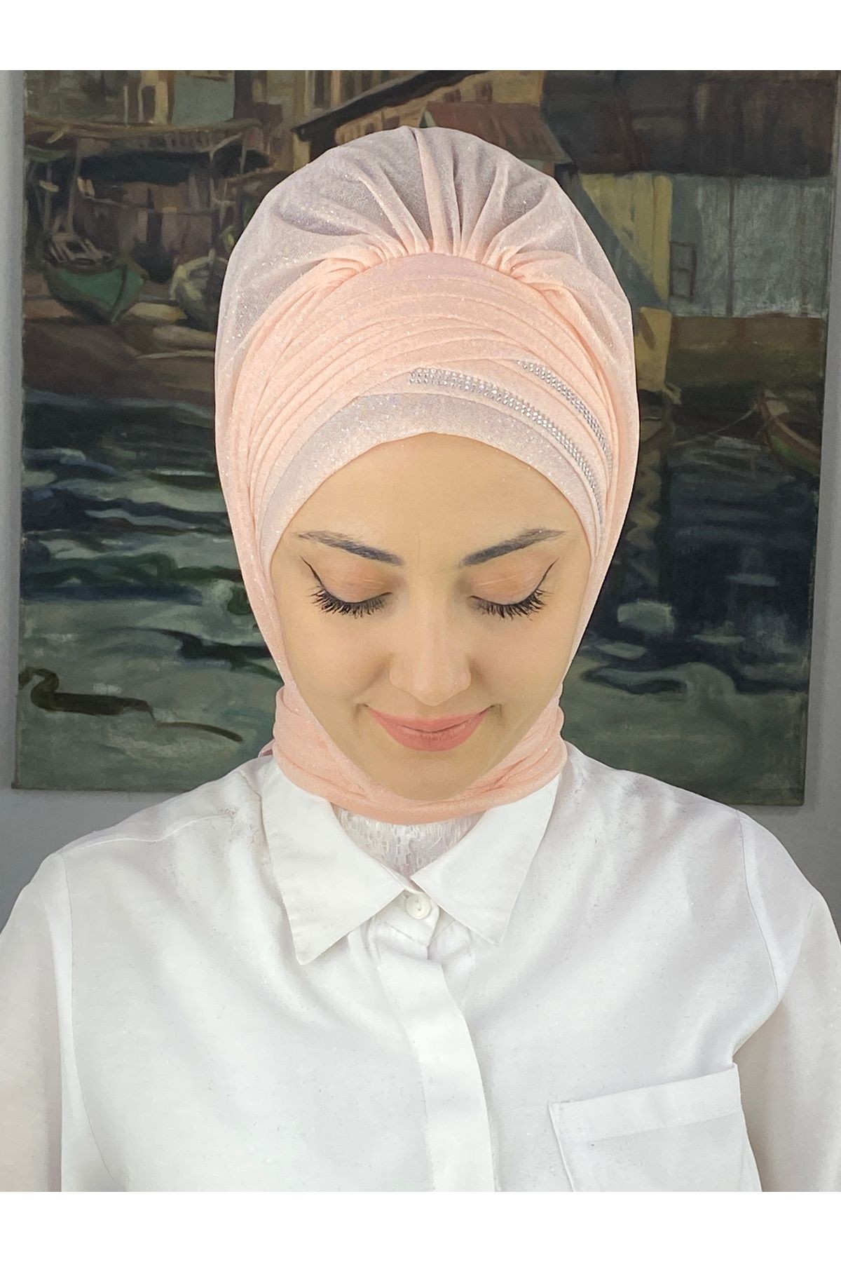 Gümüş Taşlı Drape Detaylı Simli Şal
