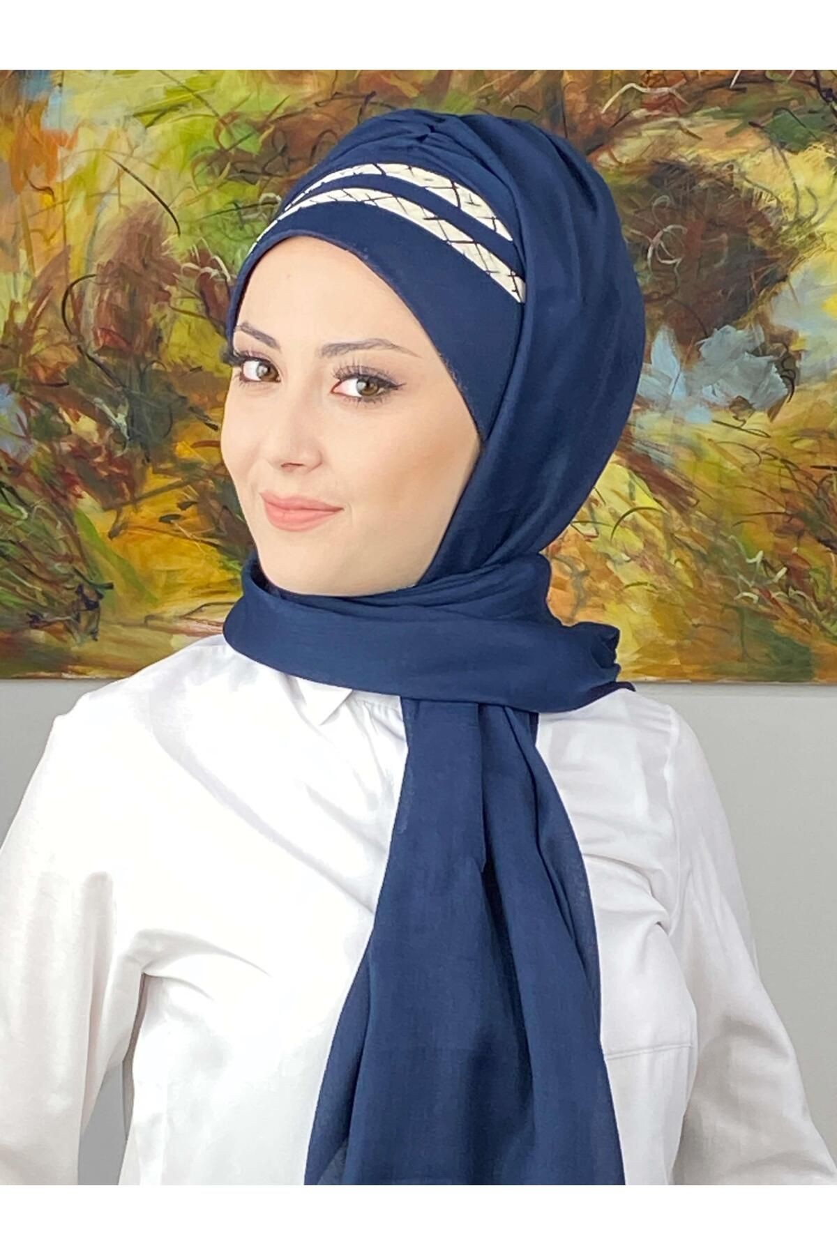 Saray Model Yan Drapeli Krem Şeritli Desen Hazır Şal