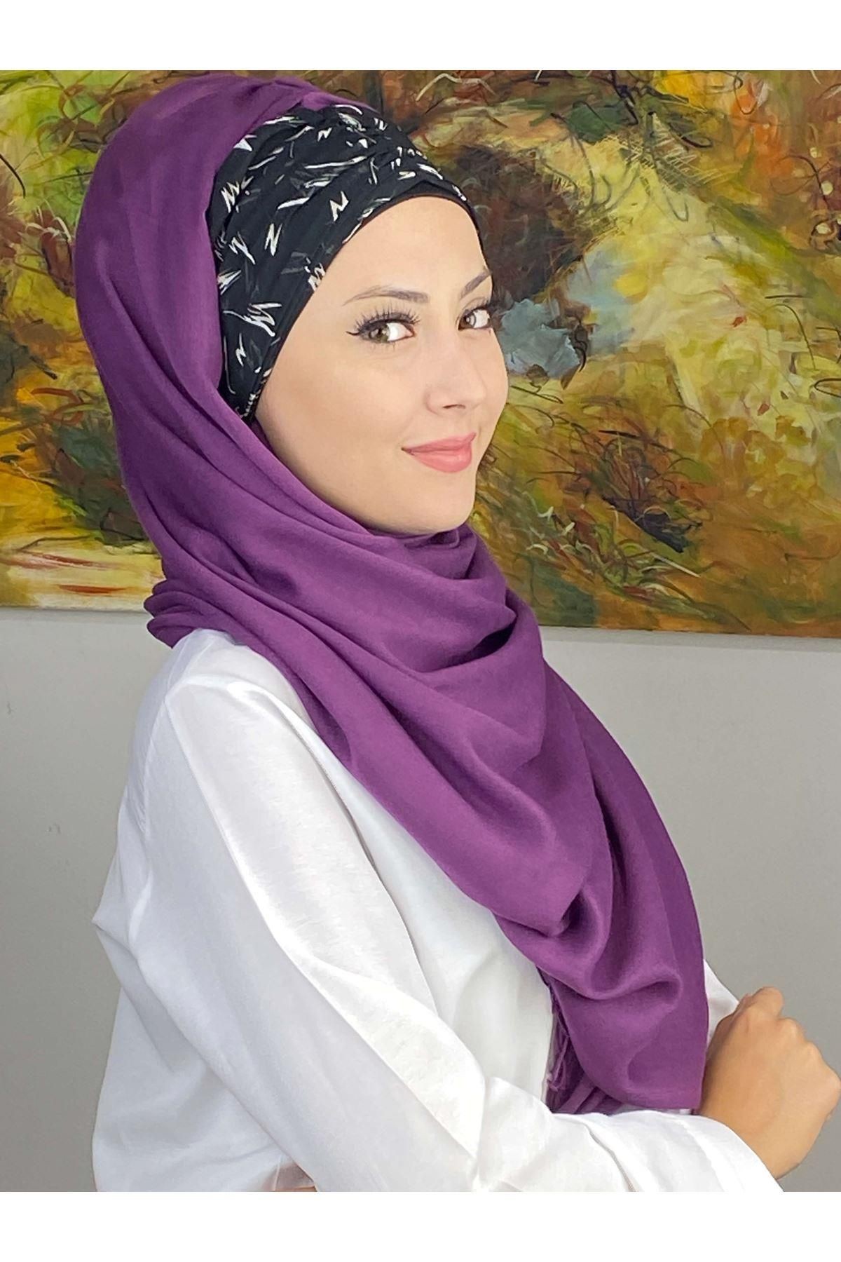 Siyah Beyaz Desenli Mor Büzgülü Hazır Şal